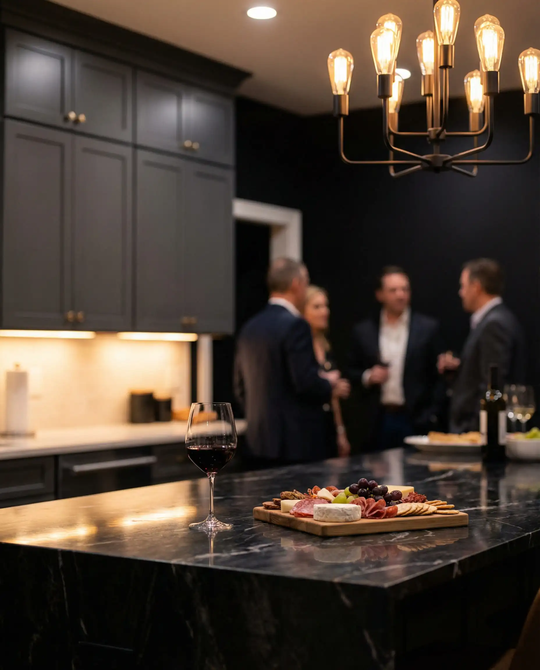 Evening shot of a high-end kitchen with dark gray cabinets and black walls, illuminated by warm chandelier light.