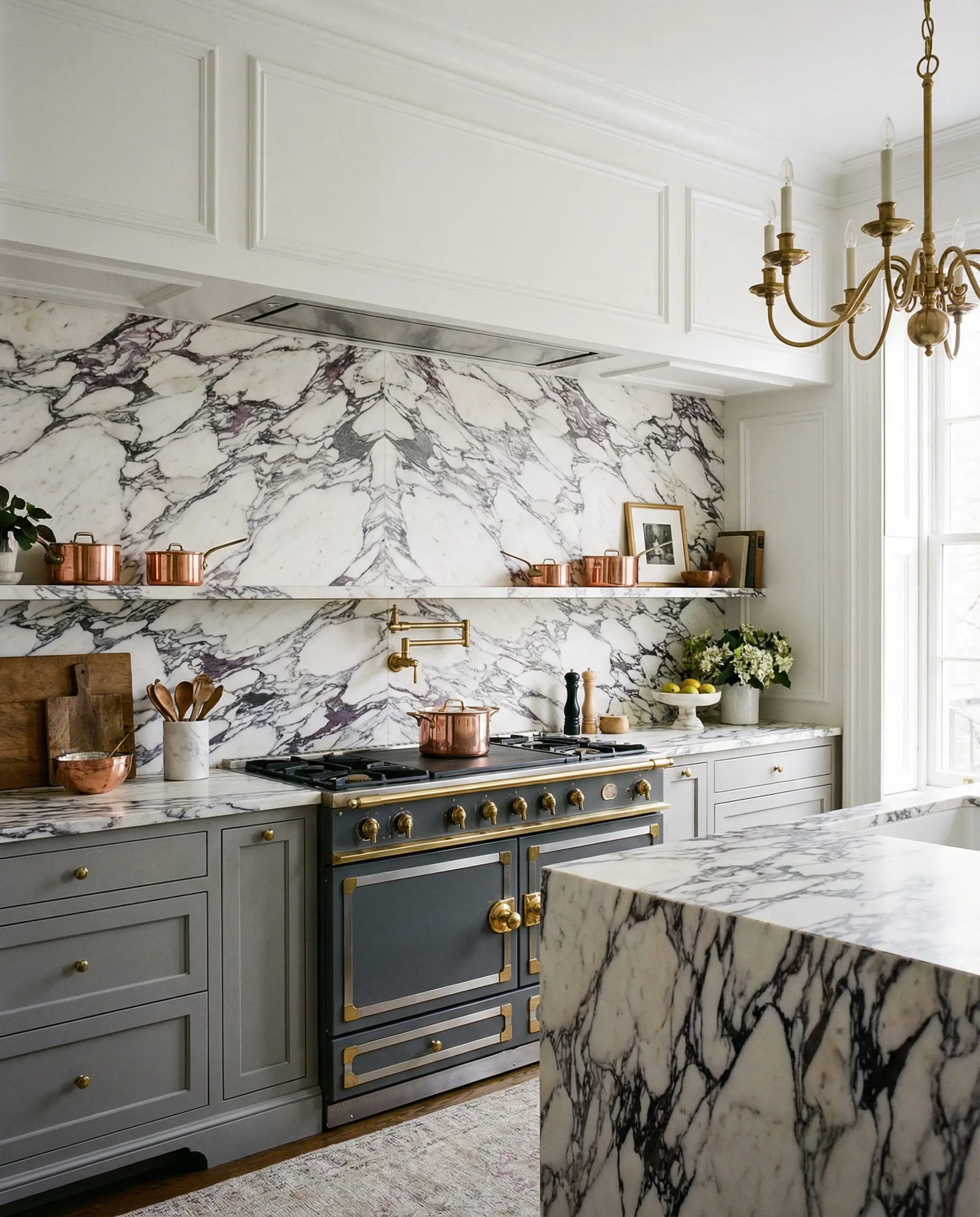 Opulent kitchen featuring a full-height Calacatta marble backsplash with purple and gray veining.