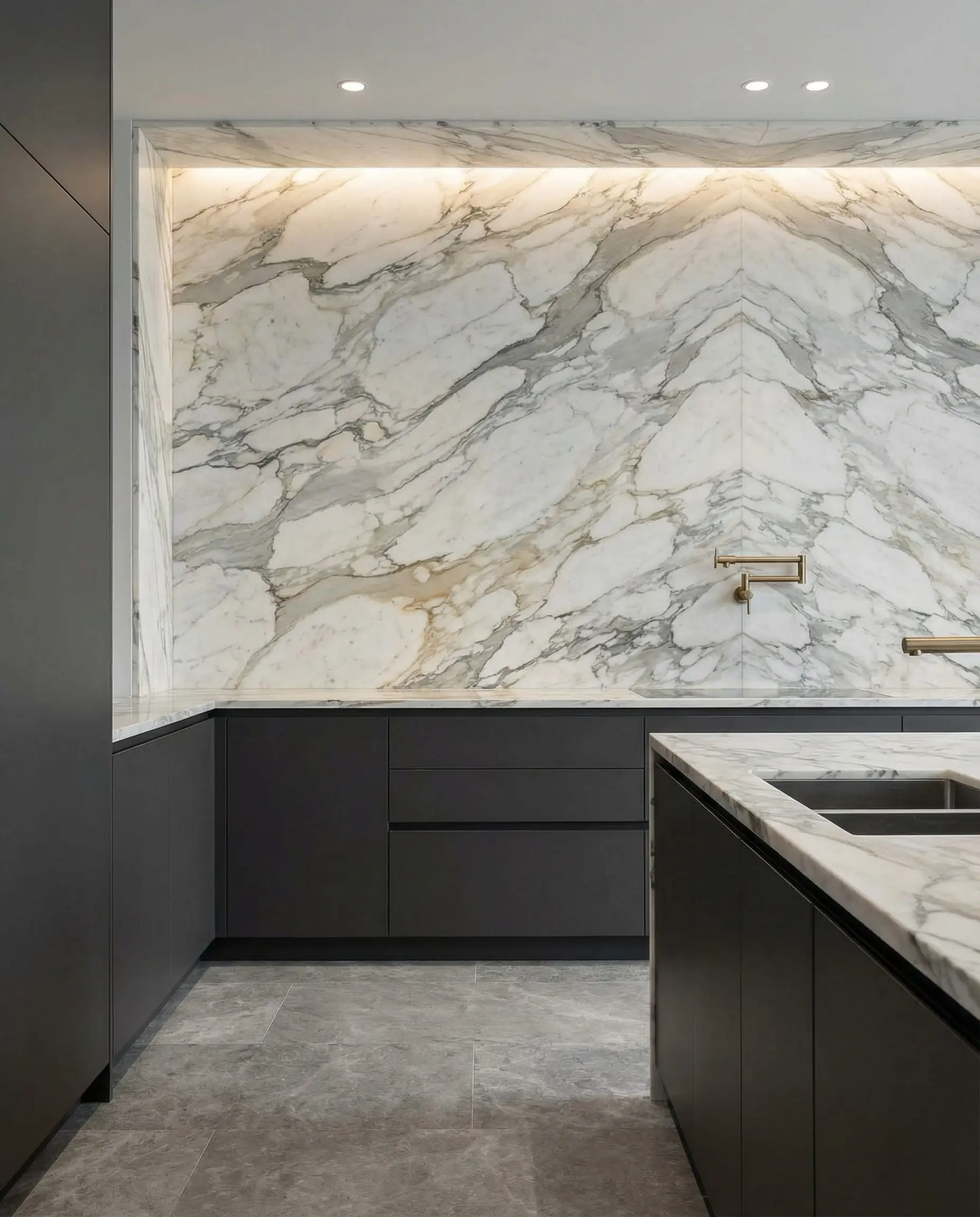 Full height Arabescato marble slab backsplash with gray veining matching the gray stone floor.