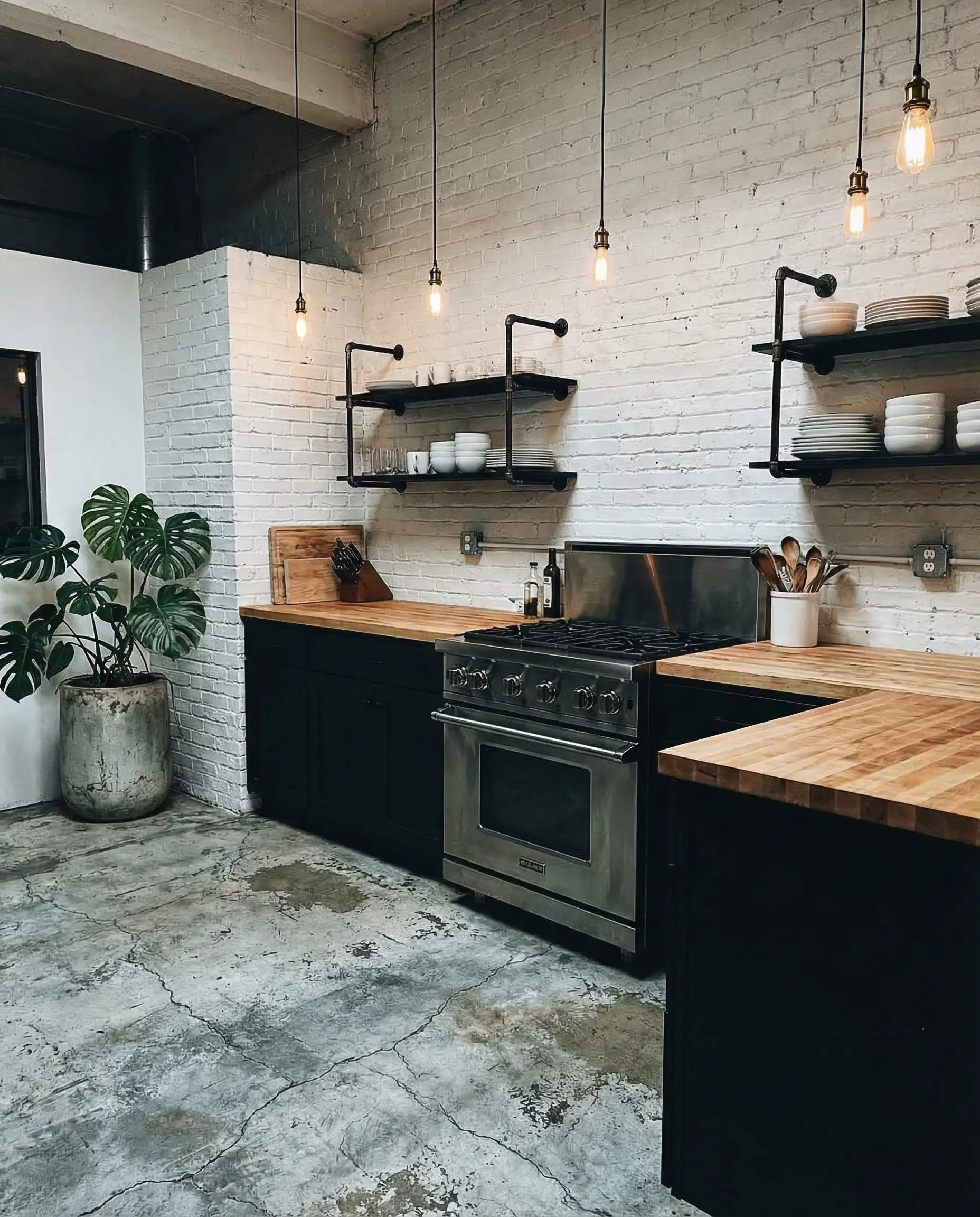 Industrial loft kitchen with matte black lower cabinets and butcher block counters on raw, cracked gray concrete floors.