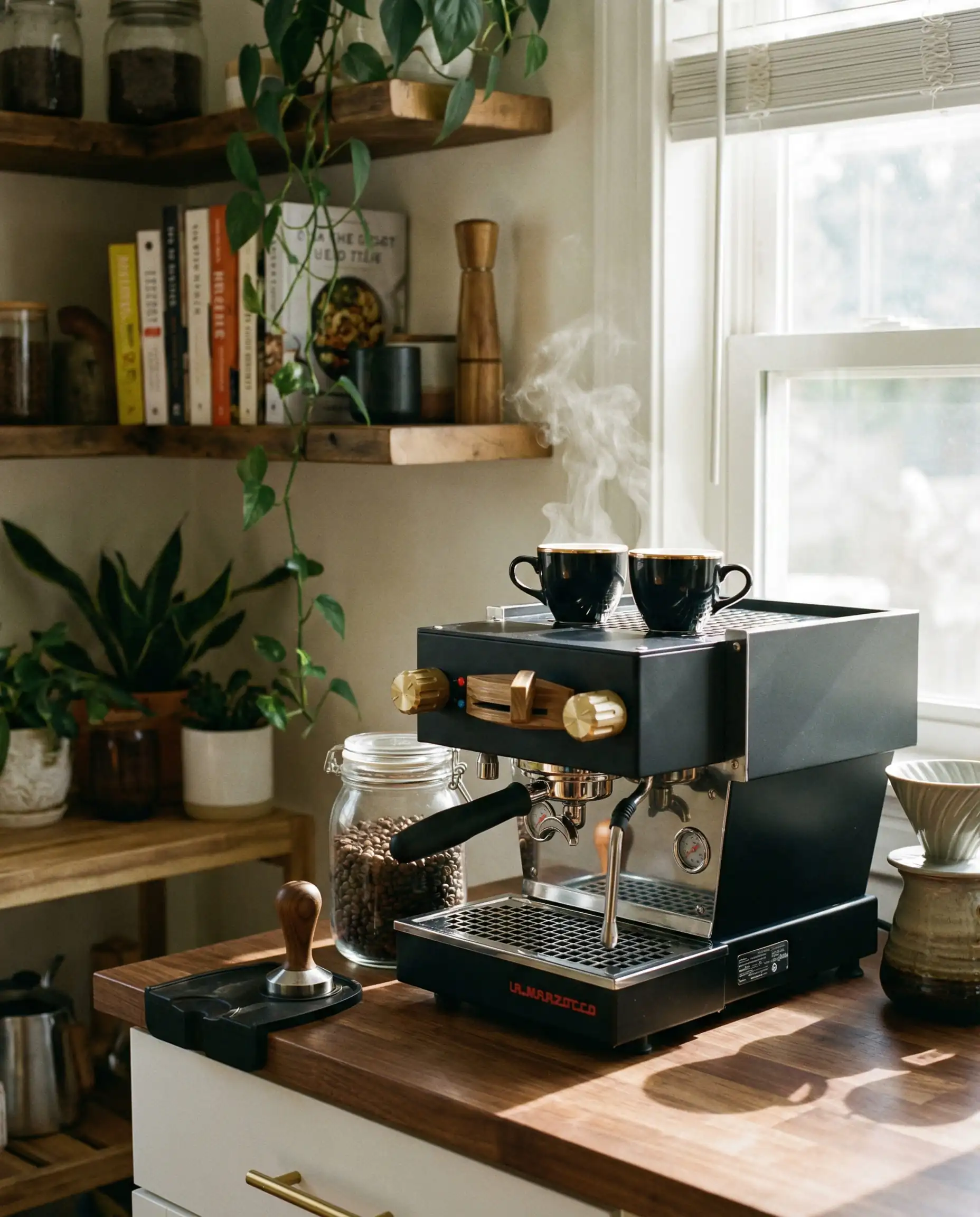 Matte black espresso machine with brass dials on a walnut counter with black and gold cups.