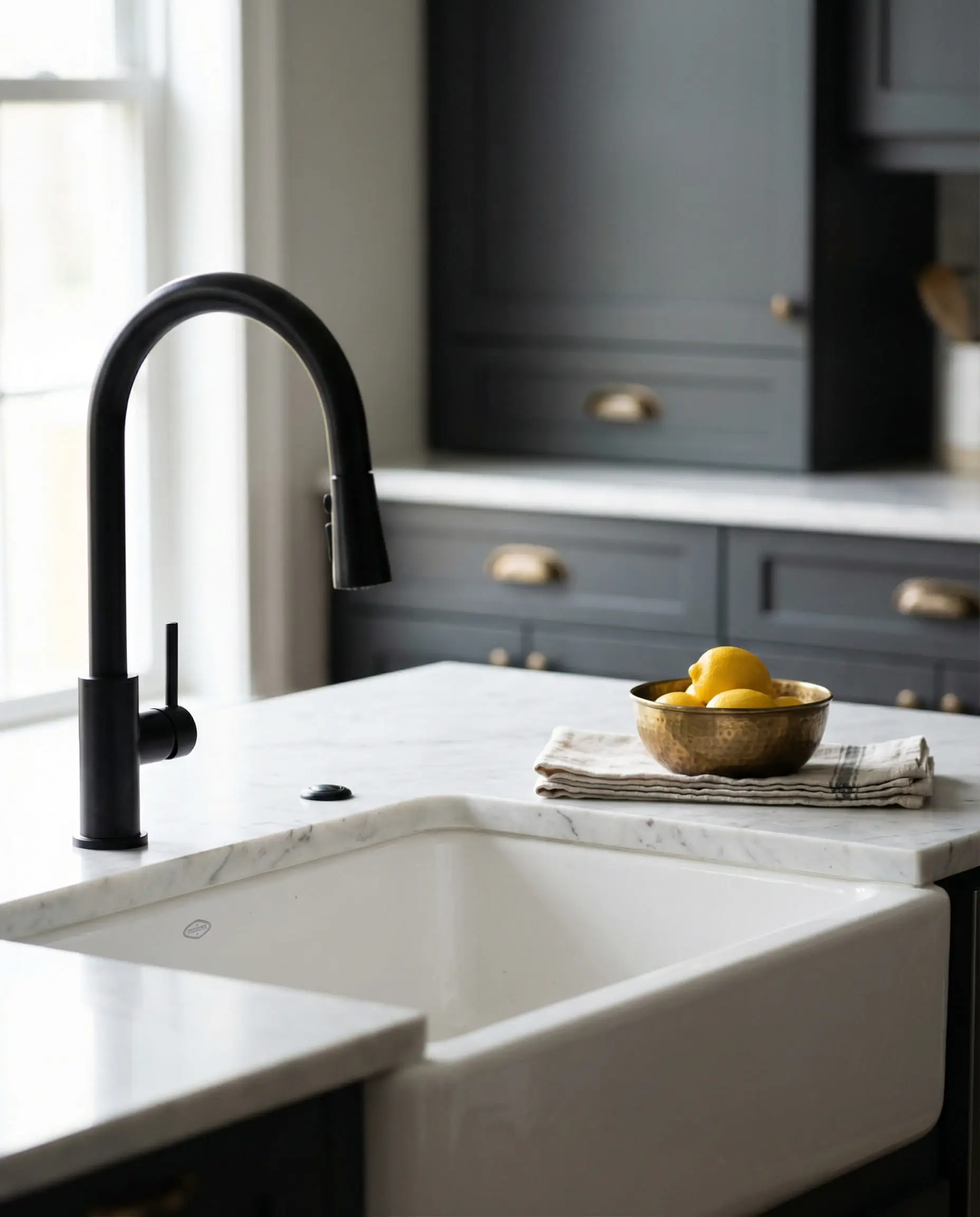 Kitchen sink area showing a mix of matte black faucet and aged brass cabinet hardware on gray cabinets.