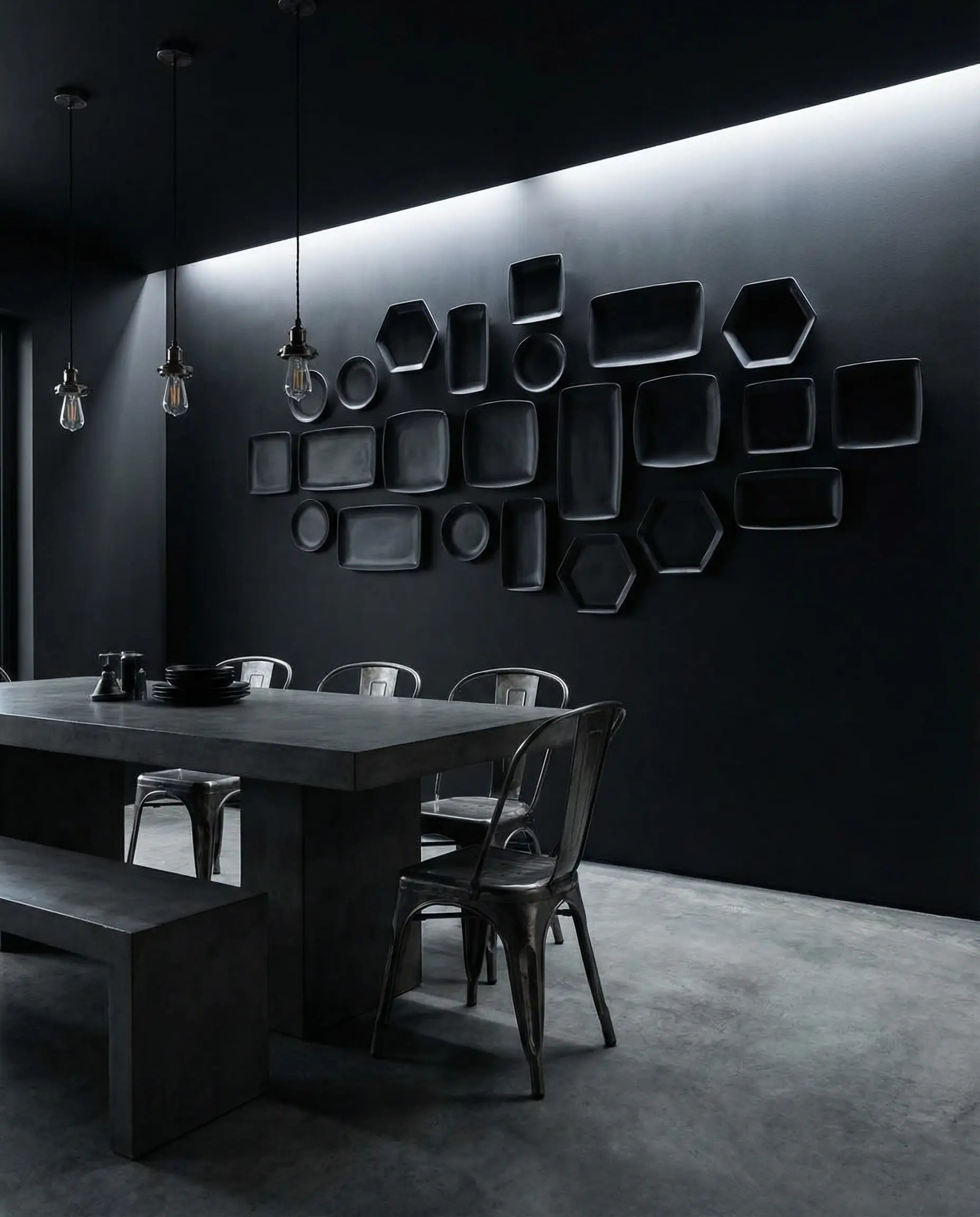 Industrial dining room with a black wall featuring a collection of matte black geometric plates for texture contrast.