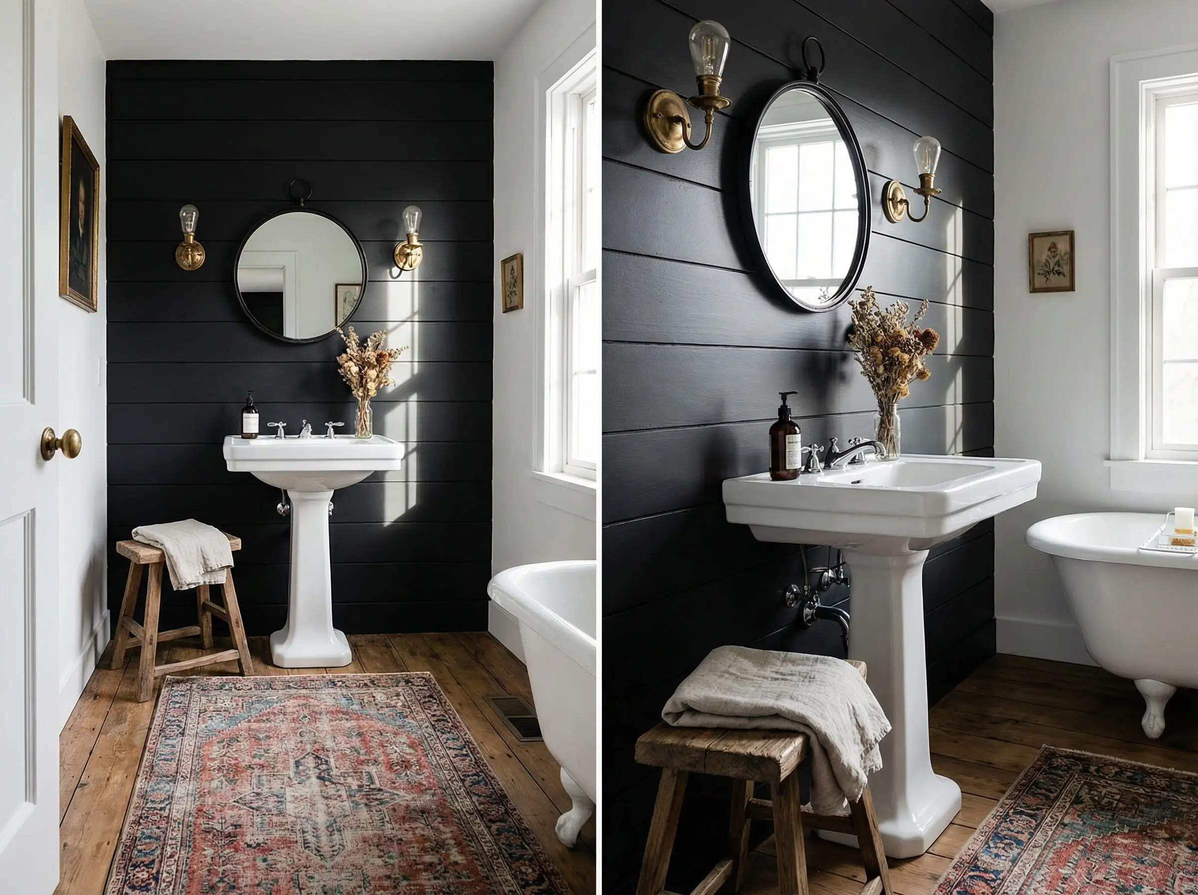 Modern farmhouse bathroom featuring horizontal shiplap painted in matte black.