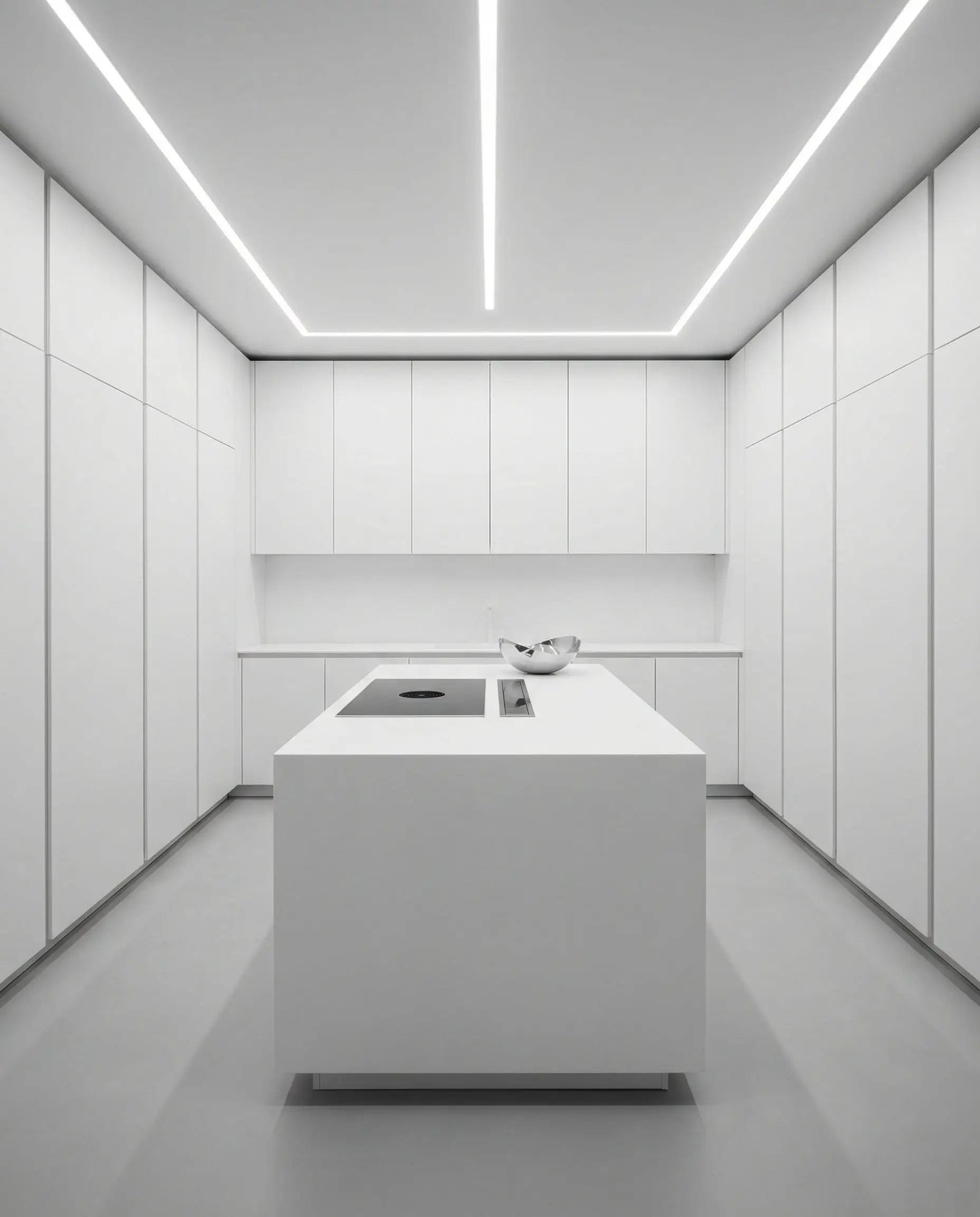 Ultra-modern kitchen with handleless matte white slab cabinets and a seamless light gray resin floor.