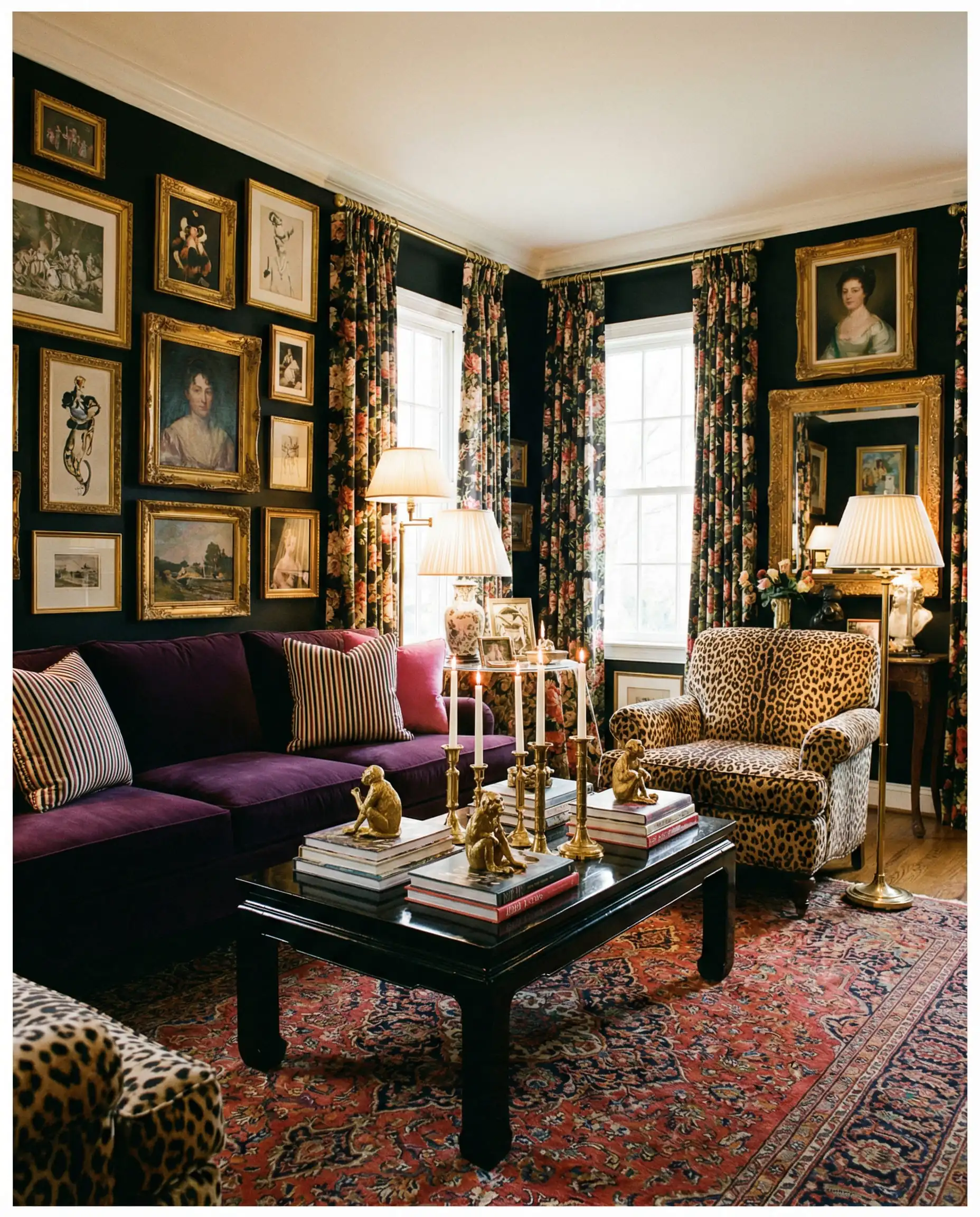 Eclectic living room with a black gallery wall, gold frames, and colorful mismatched furniture.