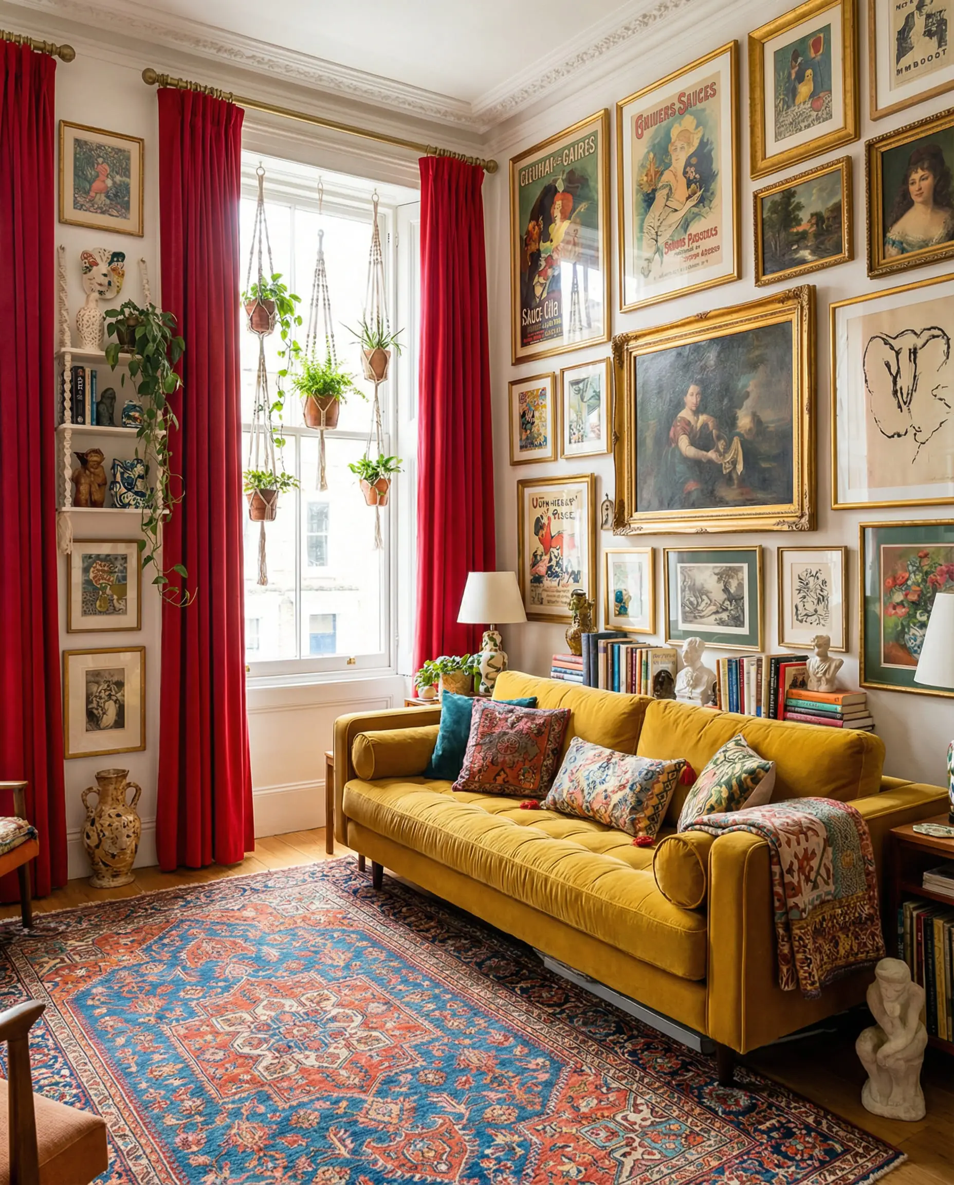 Bright maximalist living room featuring cherry red curtains, a gallery wall of art, and a colorful rug.
