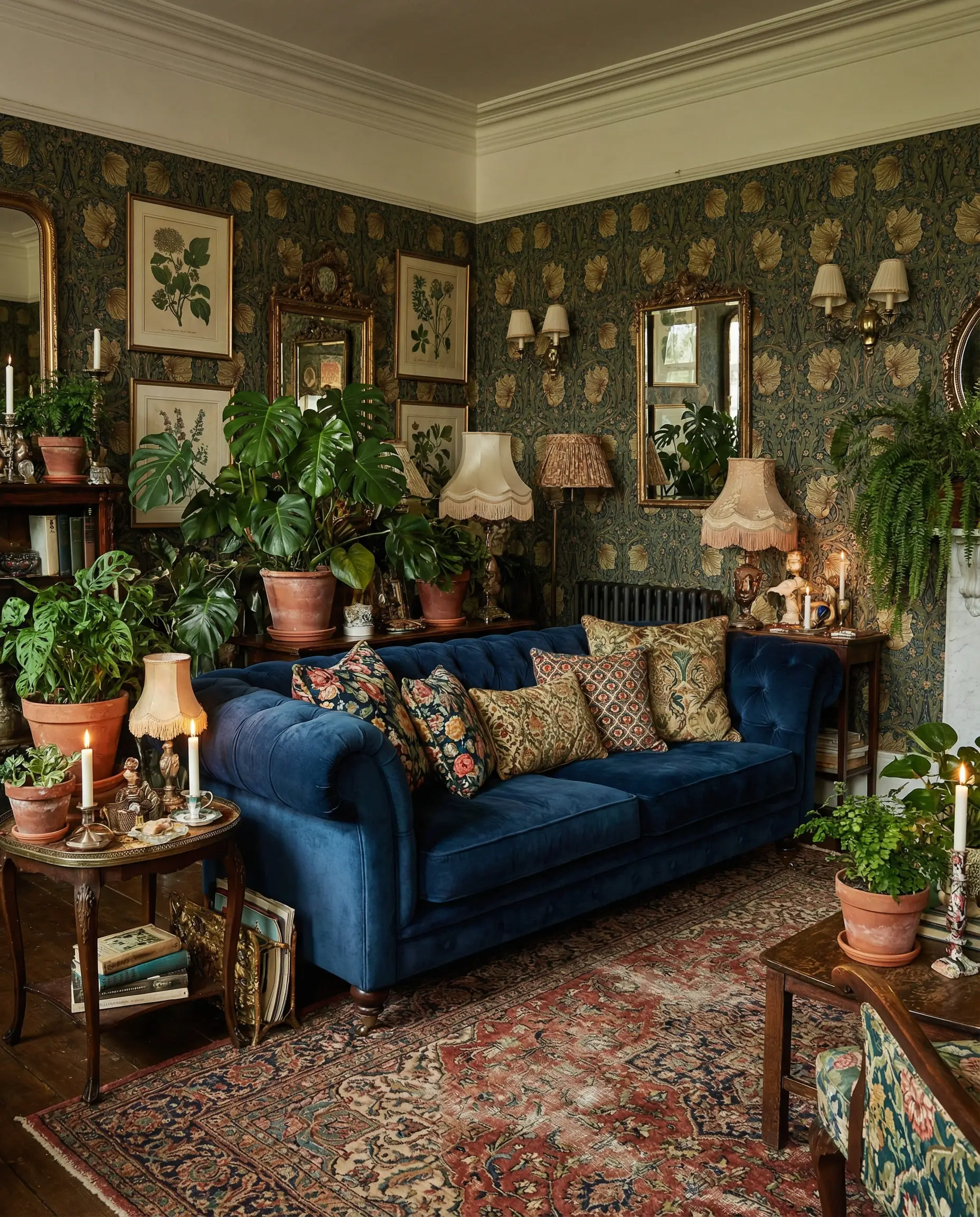 Maximalist living room filled with dark William Morris wallpaper, velvet furniture, and lush indoor plants.