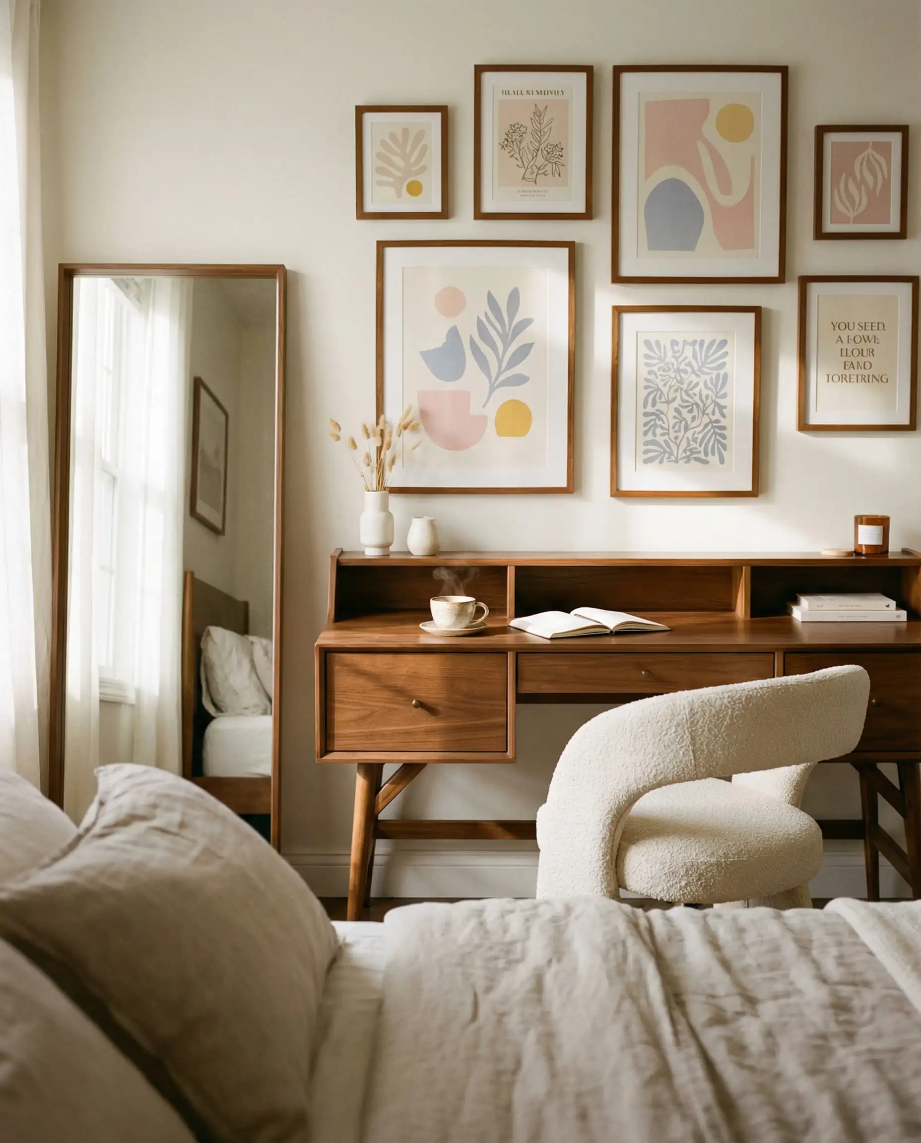Slim mid-century modern desk positioned against the wall opposite the bed in a small room.