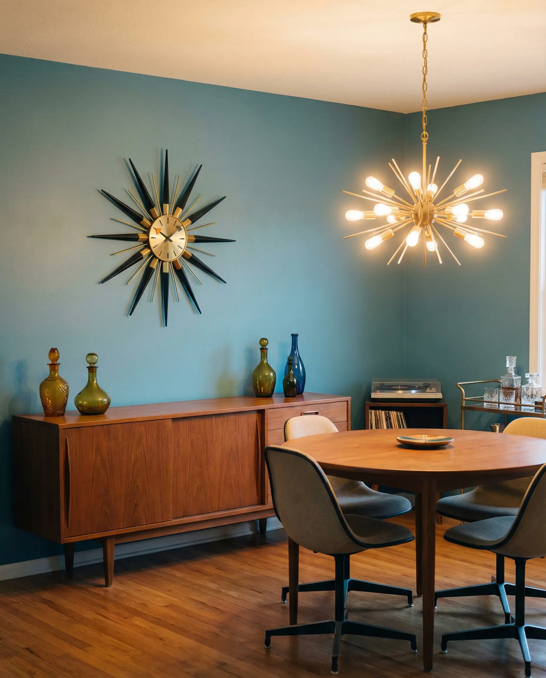 Retro MCM dining room with a gold George Nelson style sunburst clock on a teal wall.