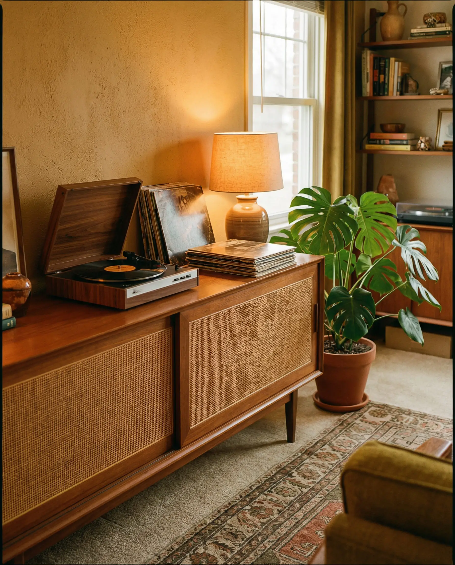 Vintage teak credenza styled with a record player, vinyls, and plants in a living room.