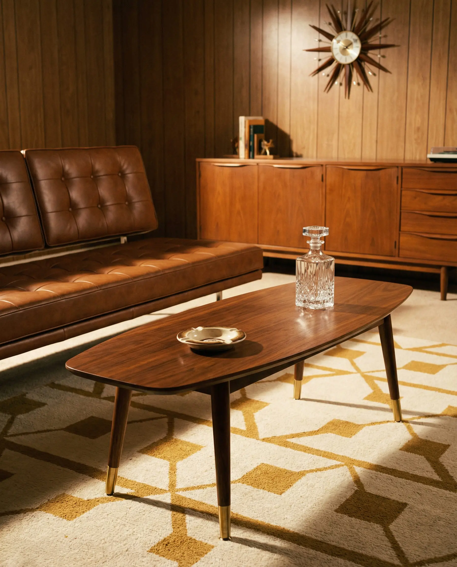 Classic mid-century modern surfboard-shaped walnut coffee table with brass legs in a Mad Men style living room with a leather bench sofa.