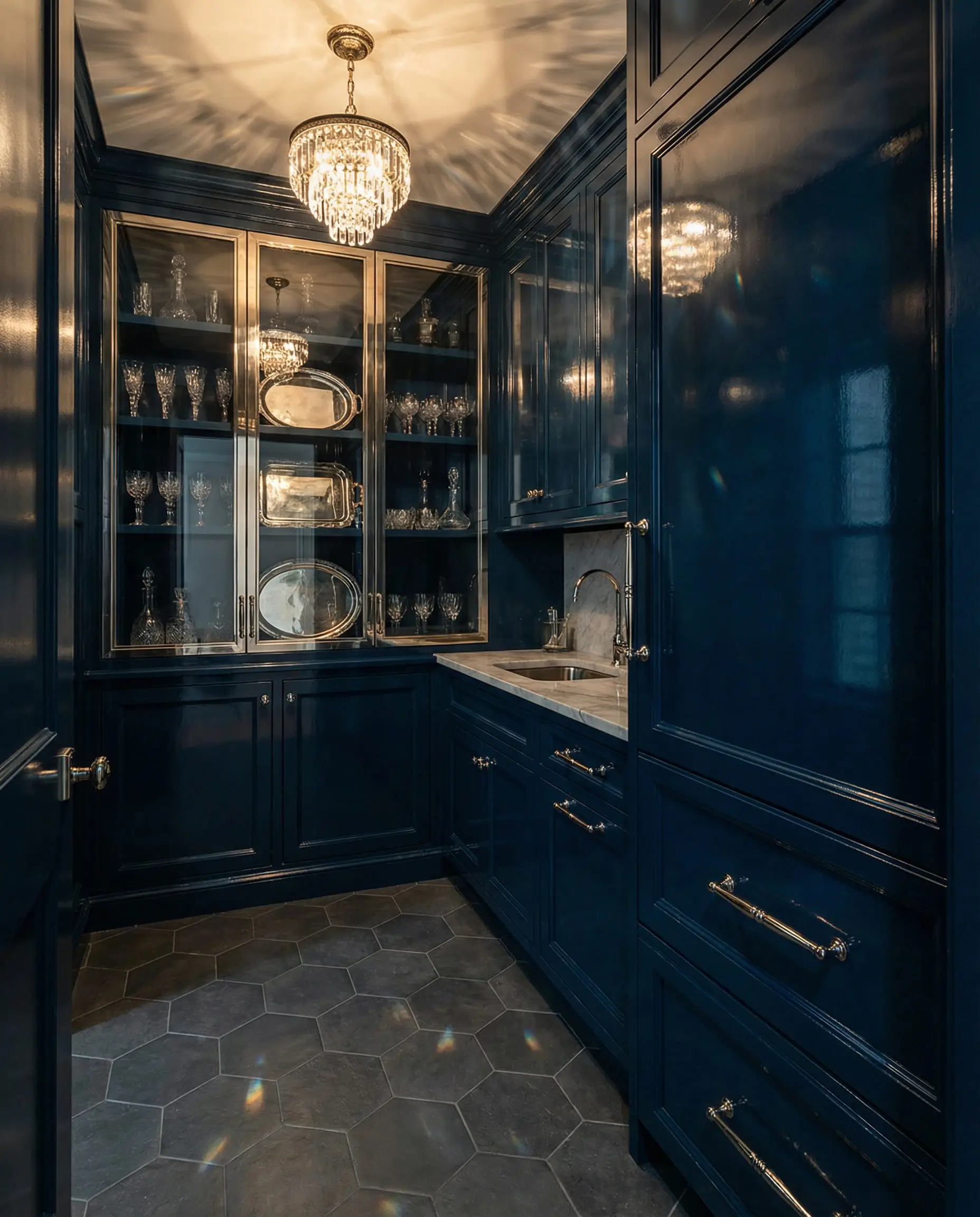 High-gloss midnight blue butler's pantry cabinetry with dark gray hexagonal floor tiles.