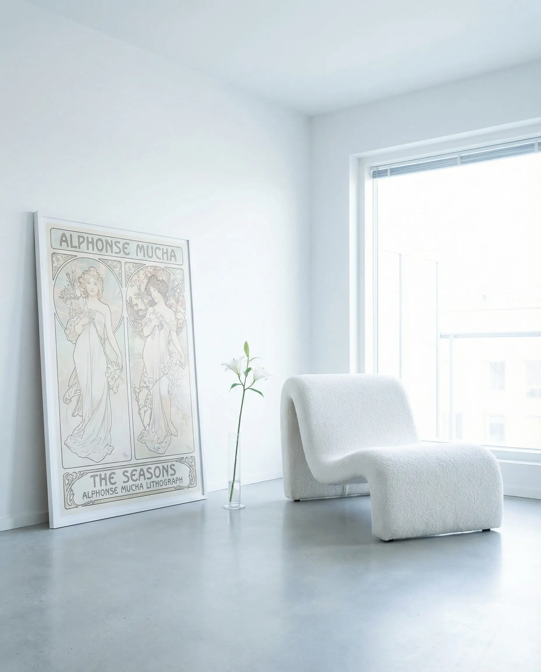 Modern white living room featuring a large Alphonse Mucha poster and a sculptural curved white chair.