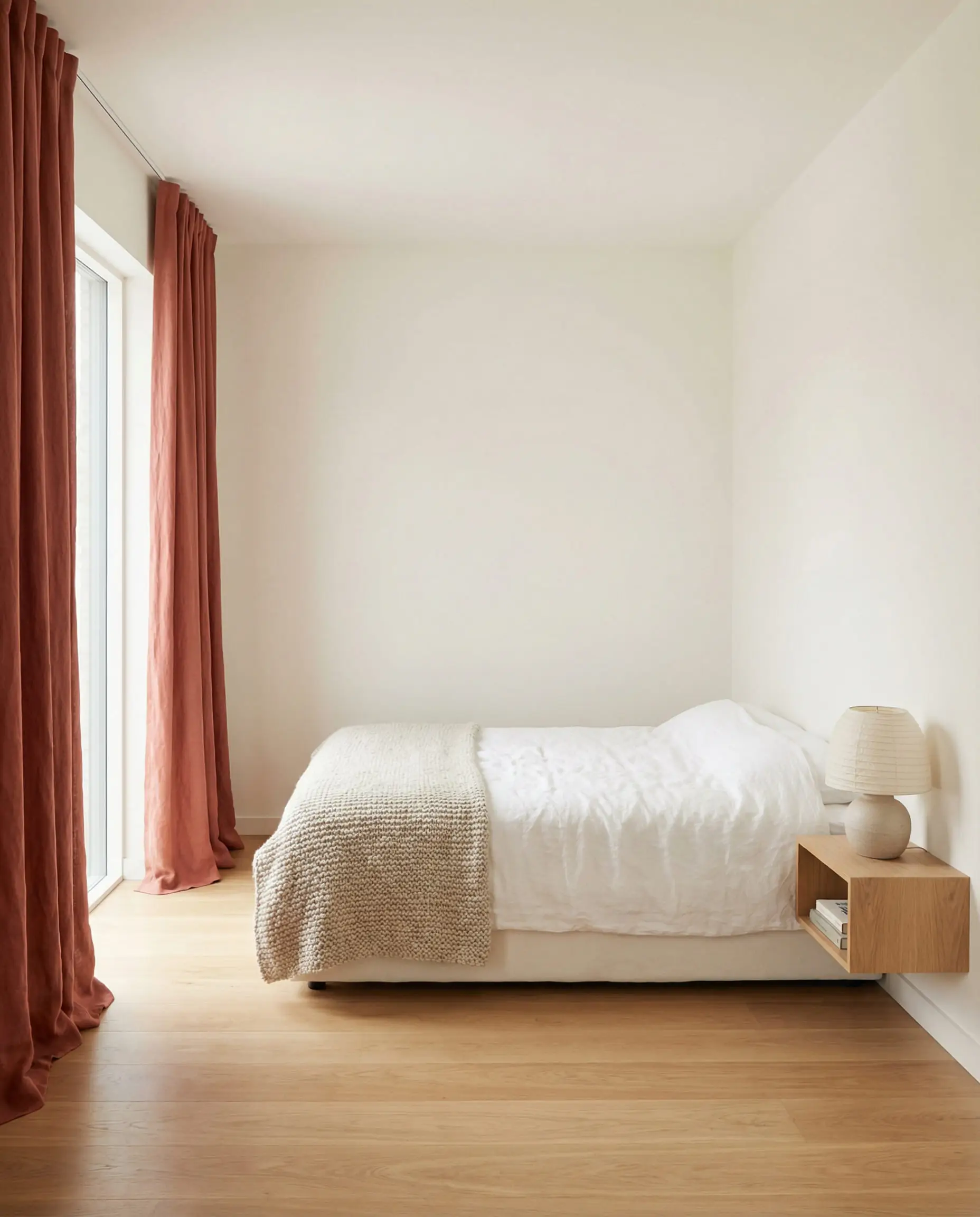 Serene minimalist bedroom featuring clay red linen curtains against white walls and a low platform bed.