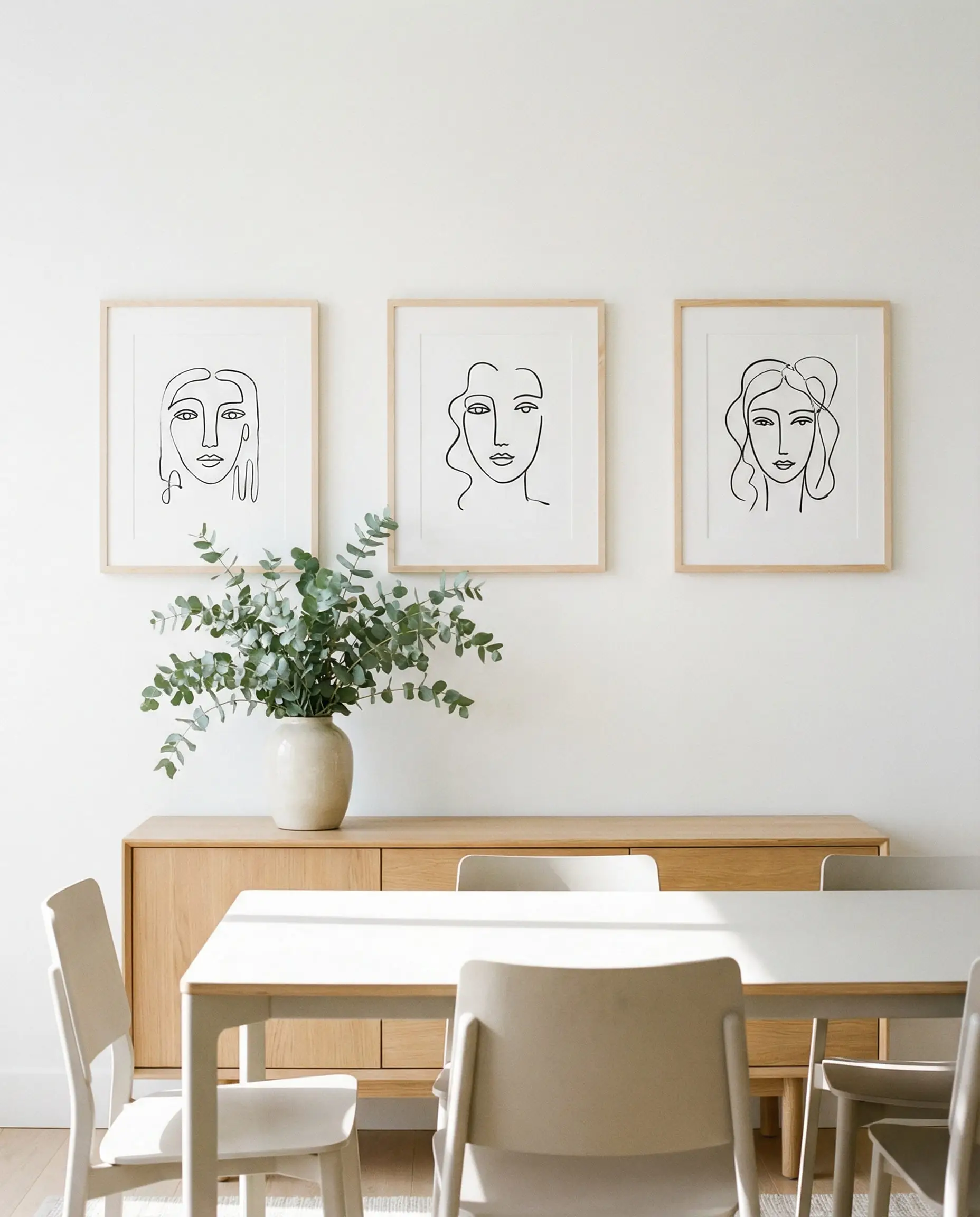 Set of three simple black line art drawings in light wood frames on a white wall.