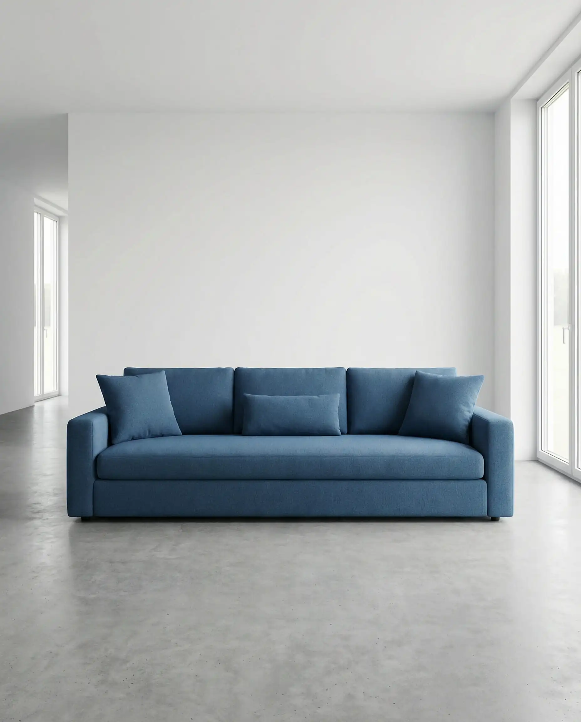 Minimalist styling of a blue 3-seater sofa with one pillow in each corner and a lumbar in the center.