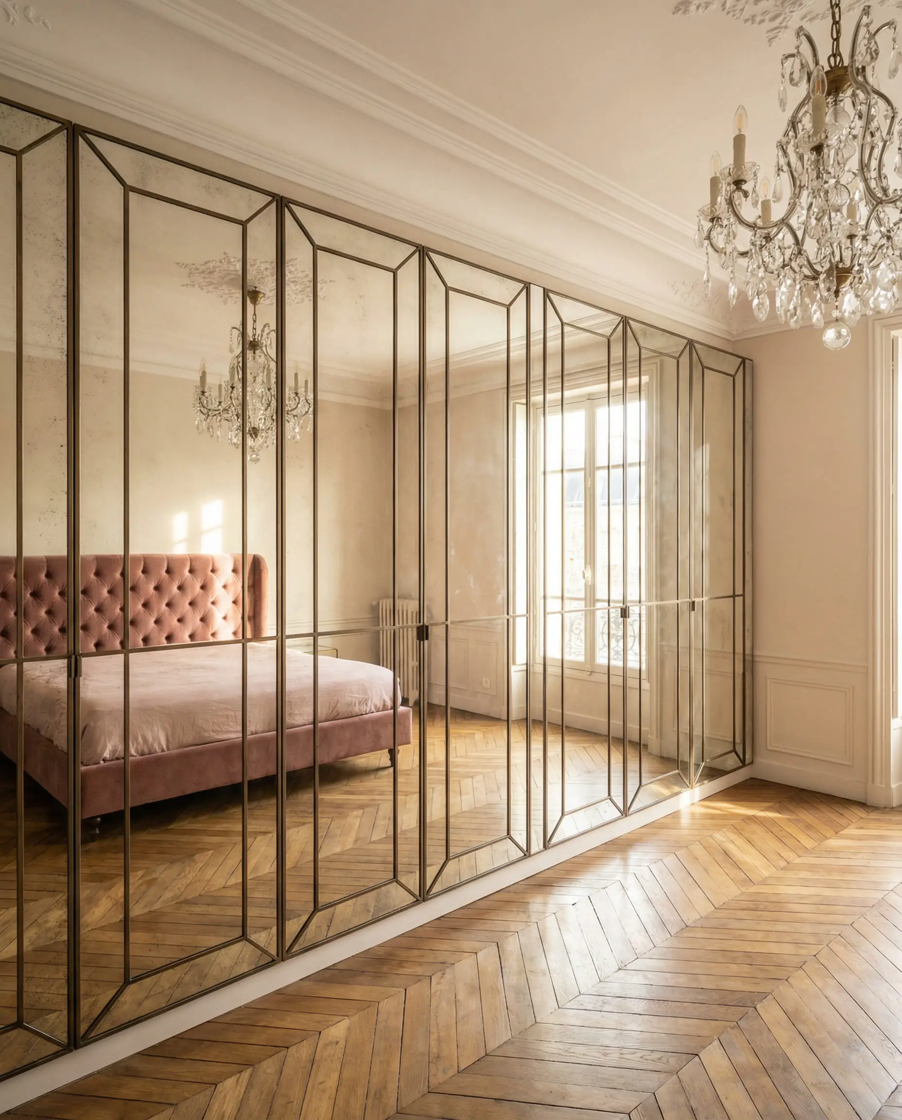 Small chic bedroom featuring antique mirrored wardrobe doors that expand the visual space.