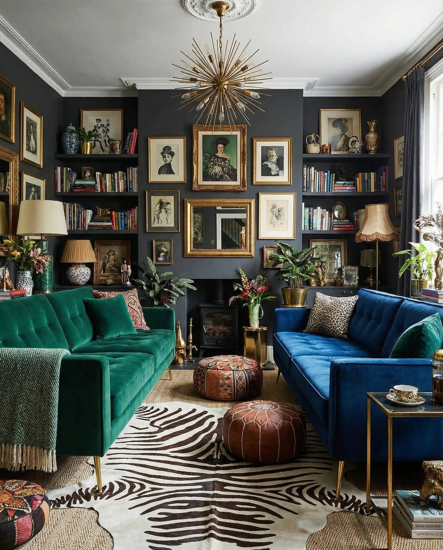 Eclectic living room featuring two identical velvet sofas, one in emerald green and one in sapphire blue, with gold legs.