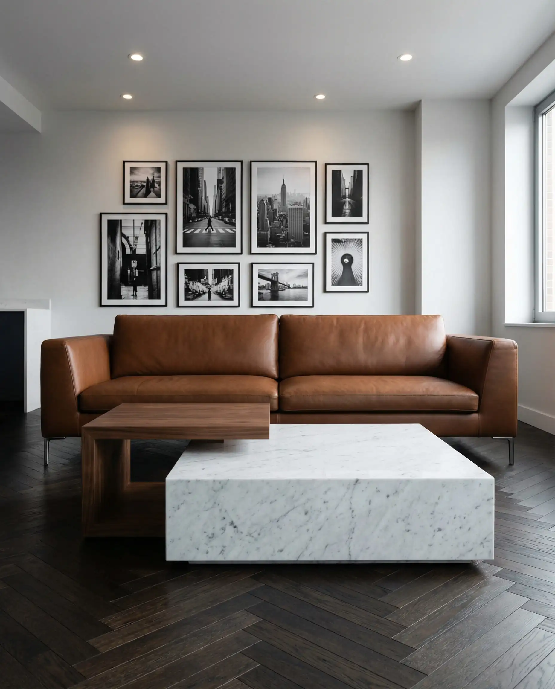Modern nesting coffee tables featuring one white marble table and one walnut wood table, layered in front of a brown leather couch.