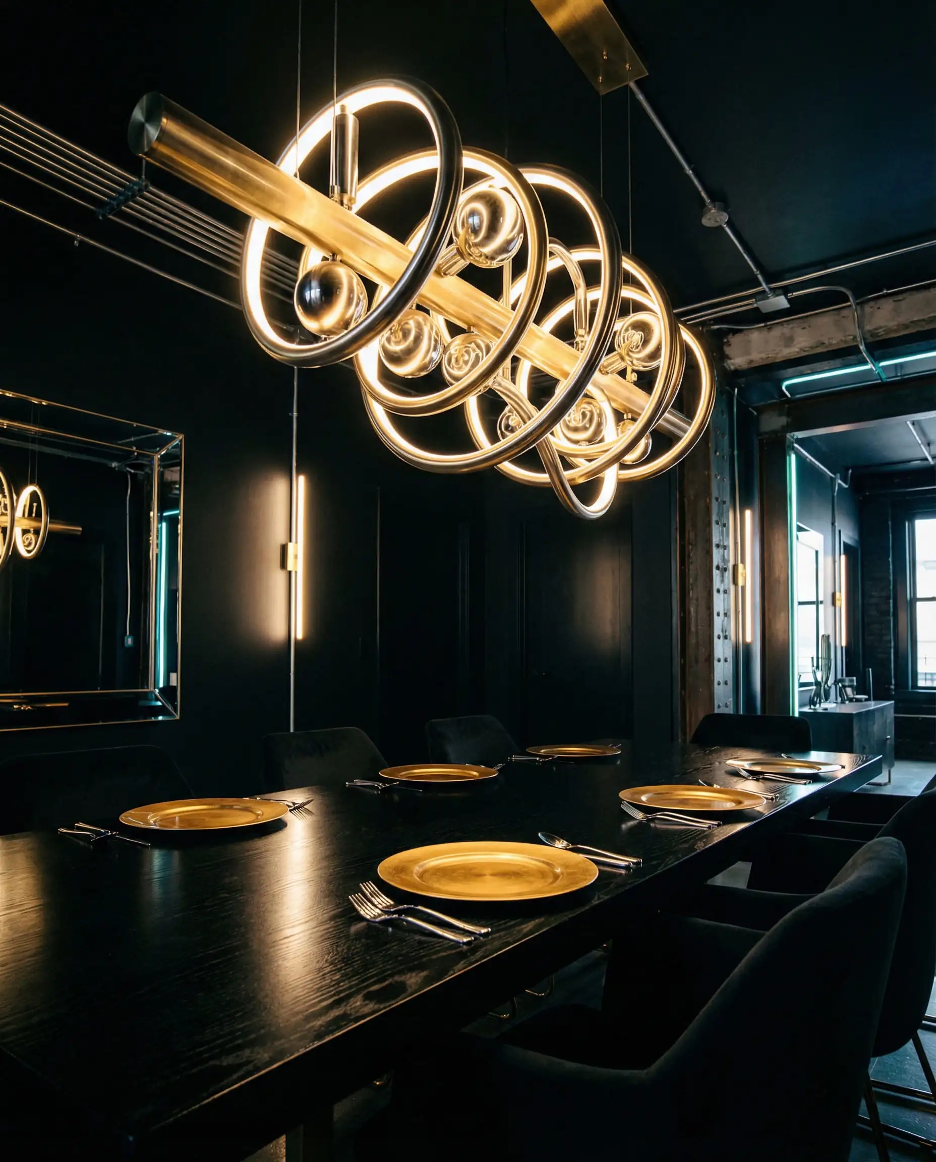 Dining room featuring a sculptural chandelier mixing brushed brass and polished nickel.