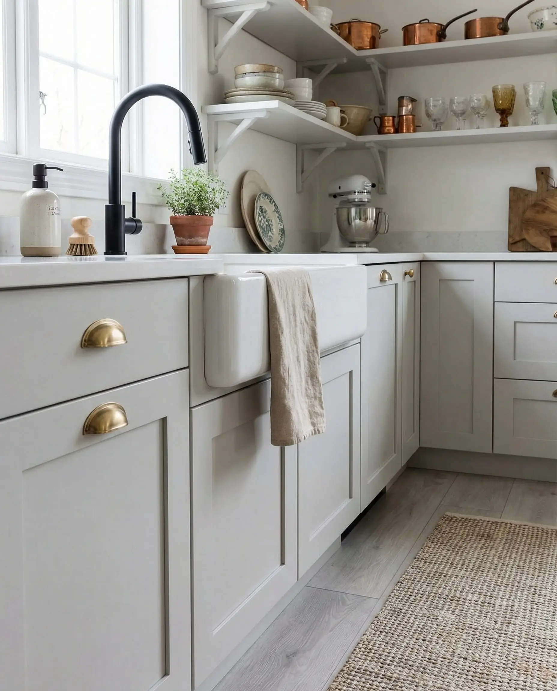 Kitchen sink area with matte black faucet and brass cabinet pulls.