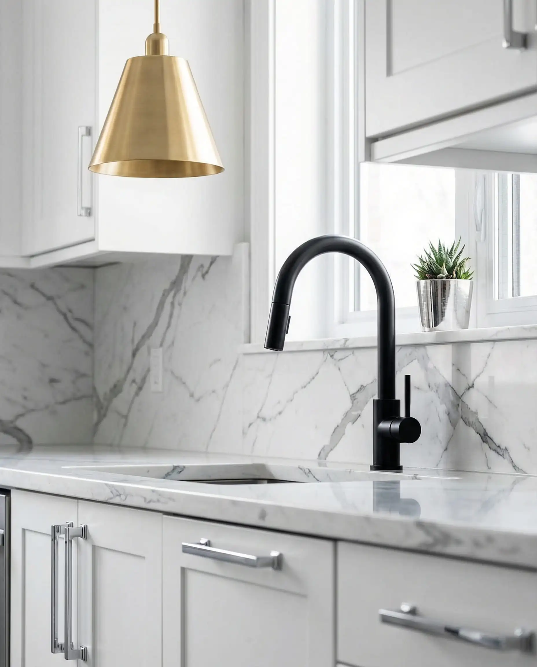 Kitchen sink detail showing a matte black faucet paired with chrome handles and gold lighting.