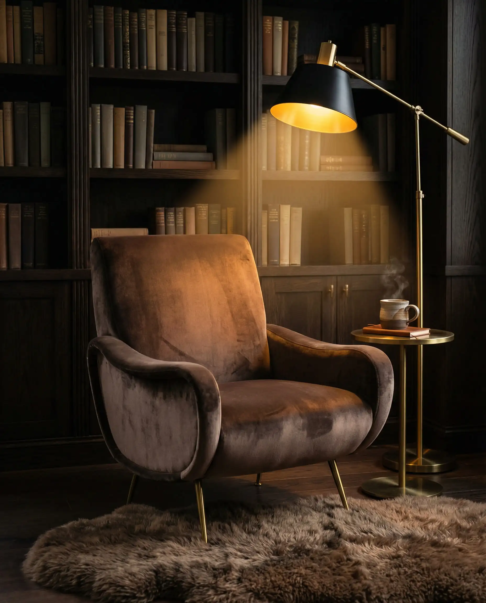 Cozy reading nook featuring a mocha brown velvet armchair against black bookshelves with gold lighting.