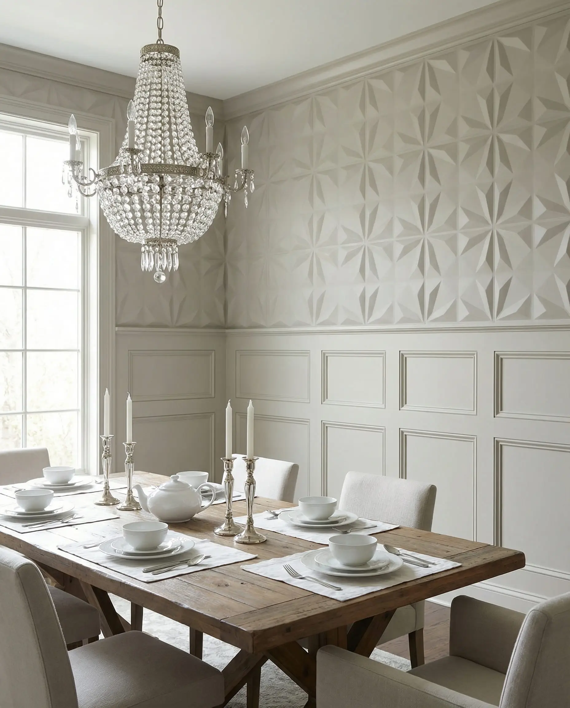 Transitional dining room blending traditional greige wainscoting on the bottom with modern 3D geometric relief wallpaper on top.