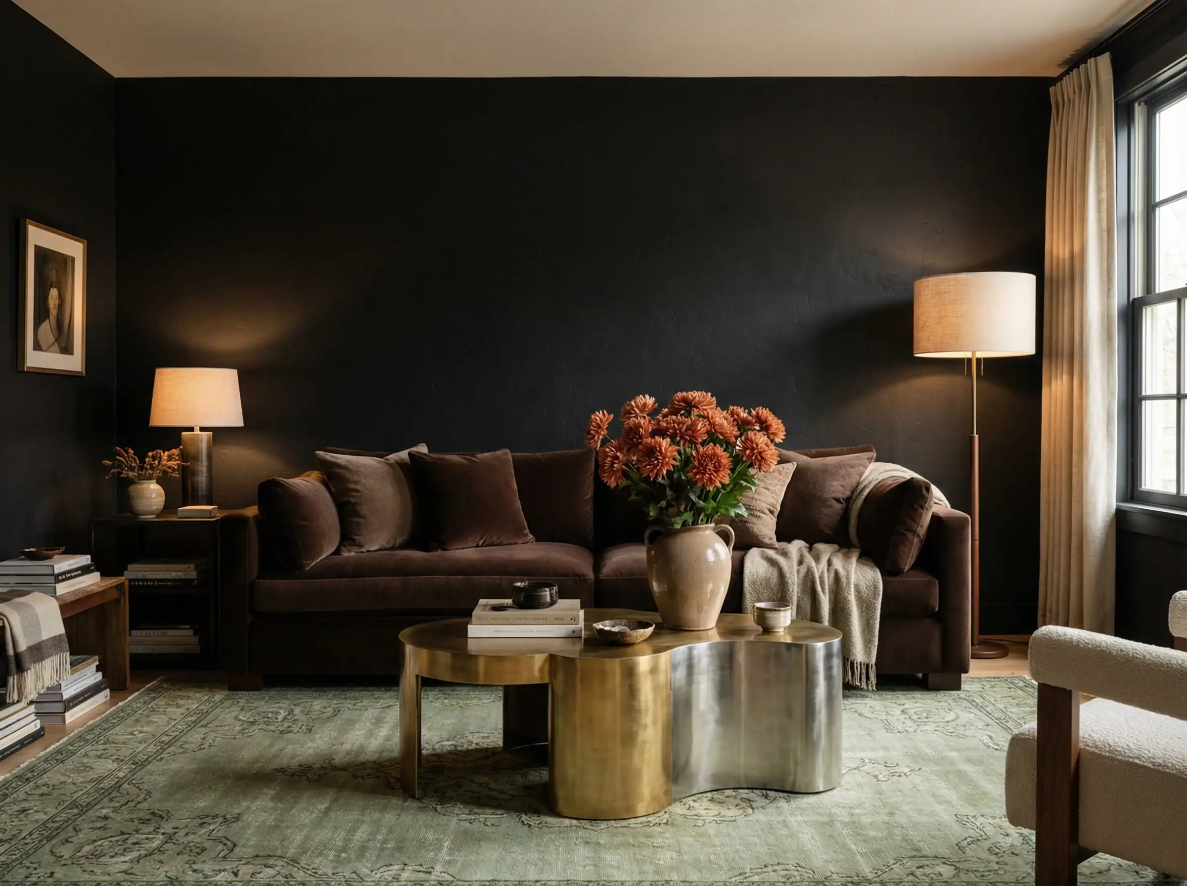 Stunning summary shot of a room blending black, gold, brown, and sage green elements.
