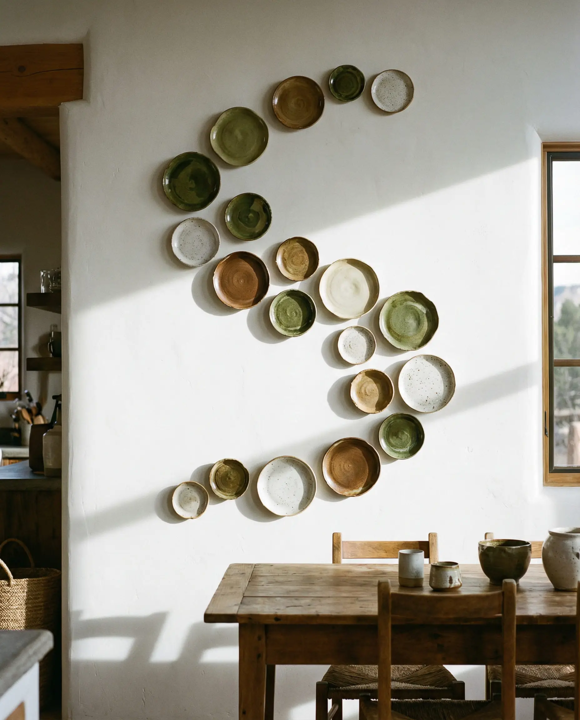 White wall featuring hand-thrown ceramic plates arranged in a dynamic, fluid S-curve shape.