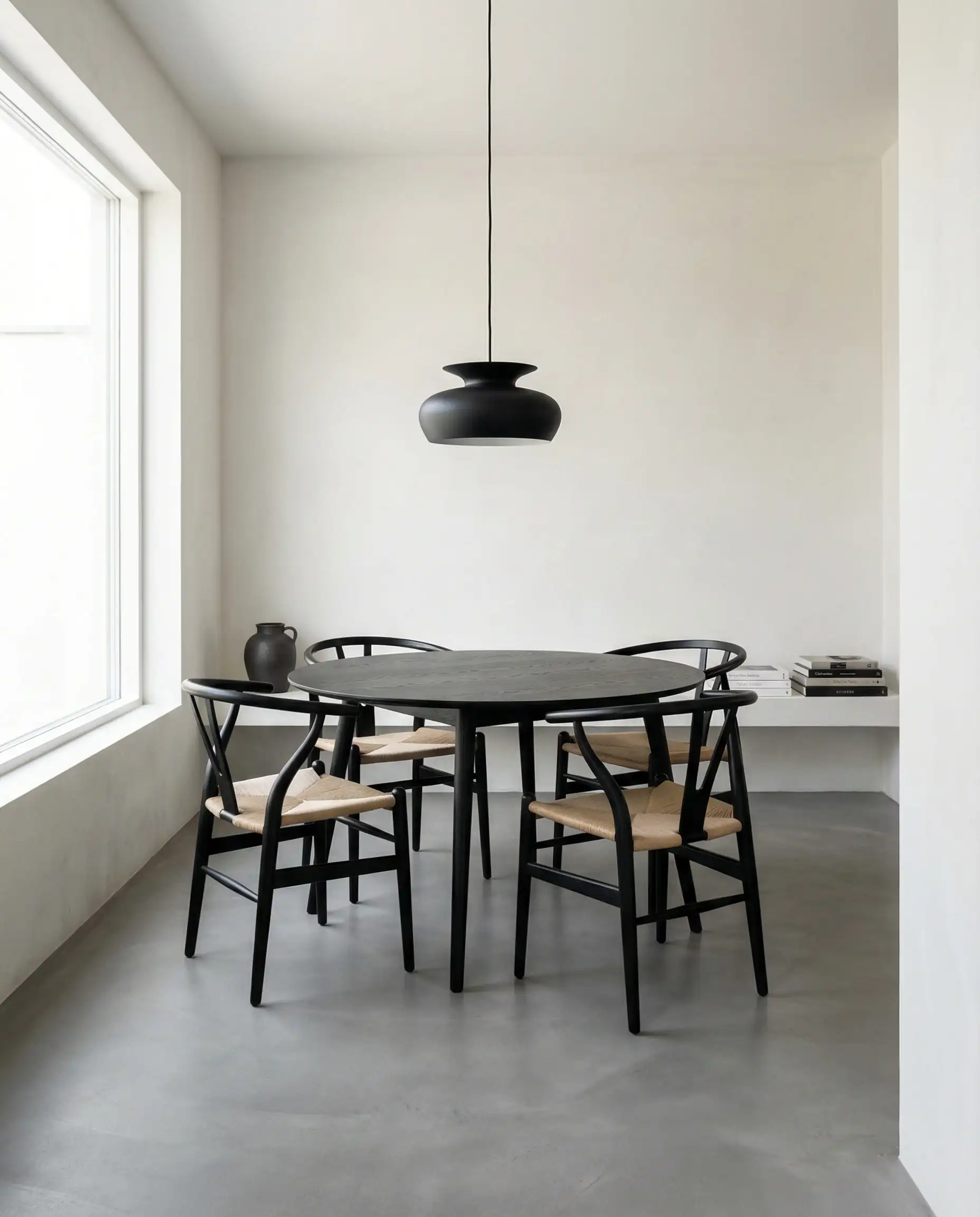Minimalist dining nook with gray polished concrete floors, black Wishbone chairs, and soft off-white walls.