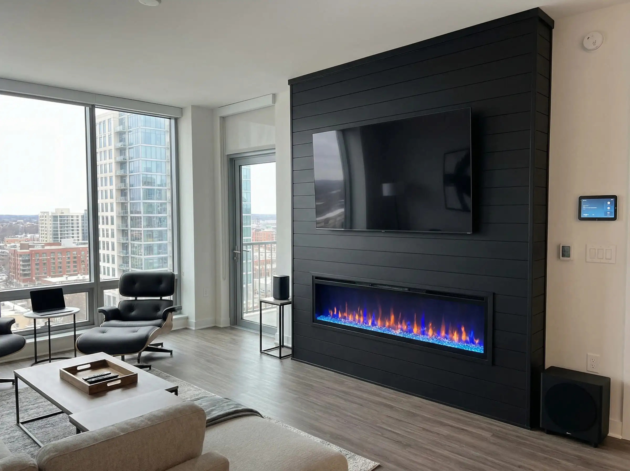 DIY bump-out wall with black shiplap and a linear electric fireplace insert.