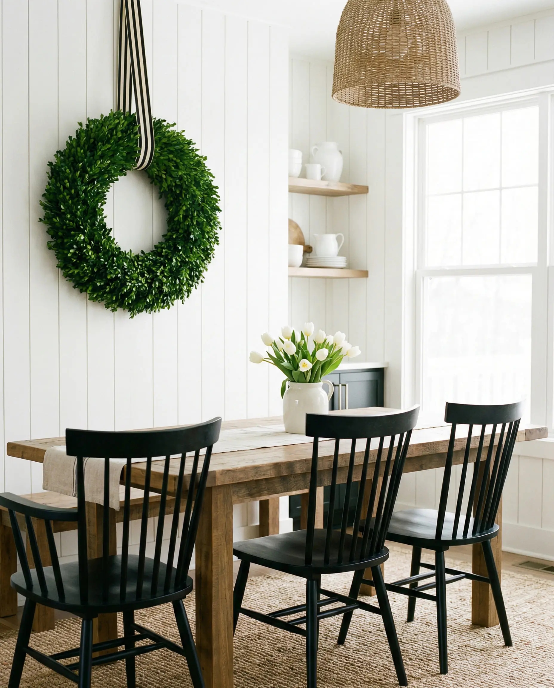 Bright modern farmhouse dining room with white vertical shiplap walls and a preserved boxwood wreath.