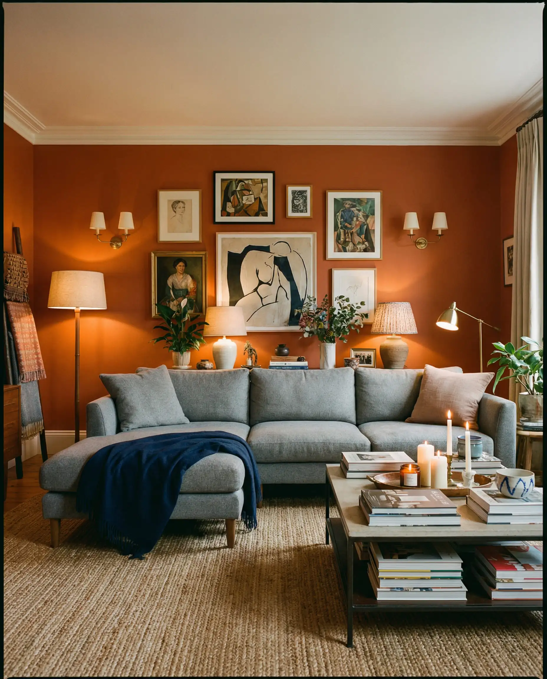 Full view of a stylish living room with burnt orange walls, a grey sectional sofa, and a gallery wall.
