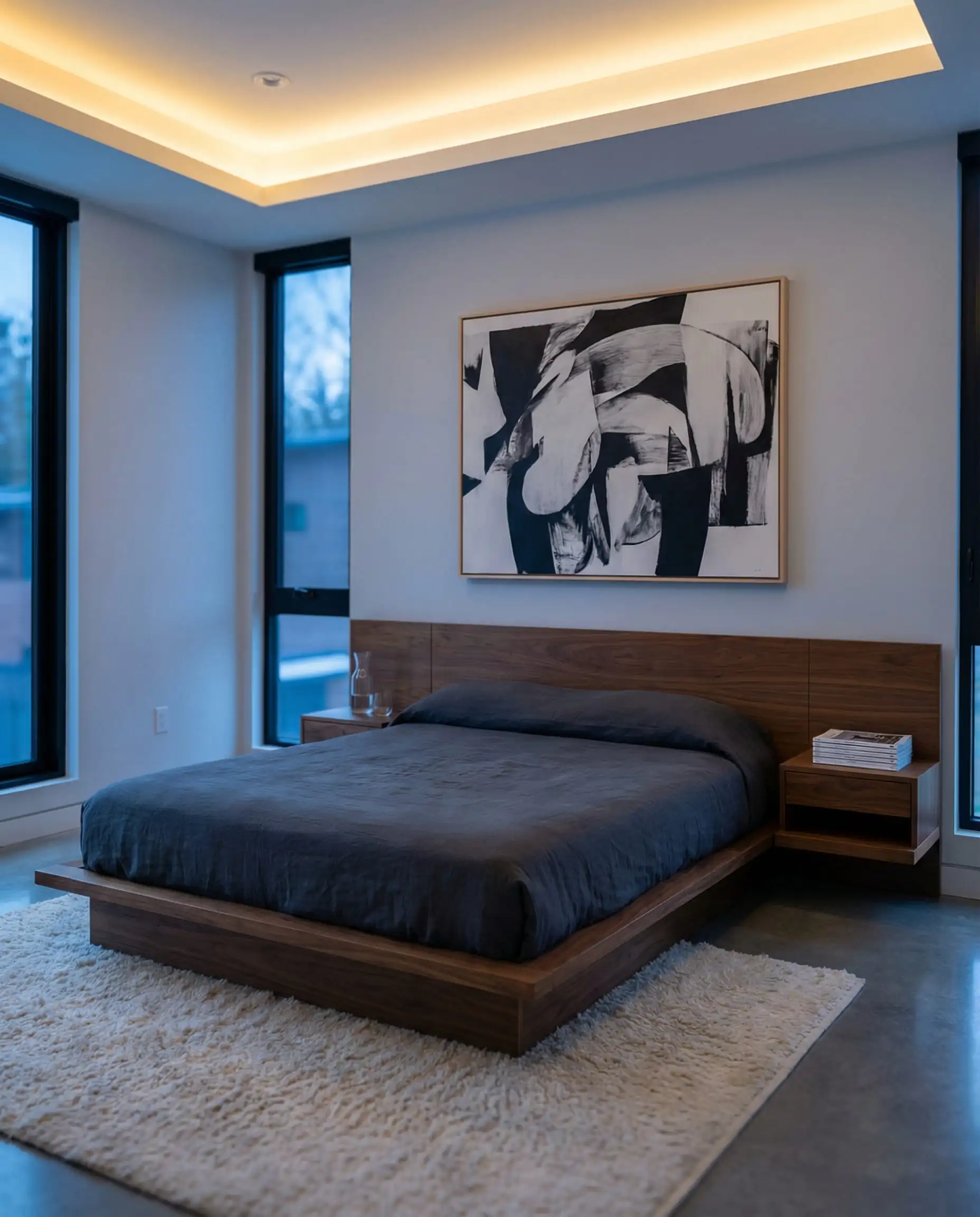Modern 10x12 bedroom with low profile walnut platform bed and polished concrete floors.