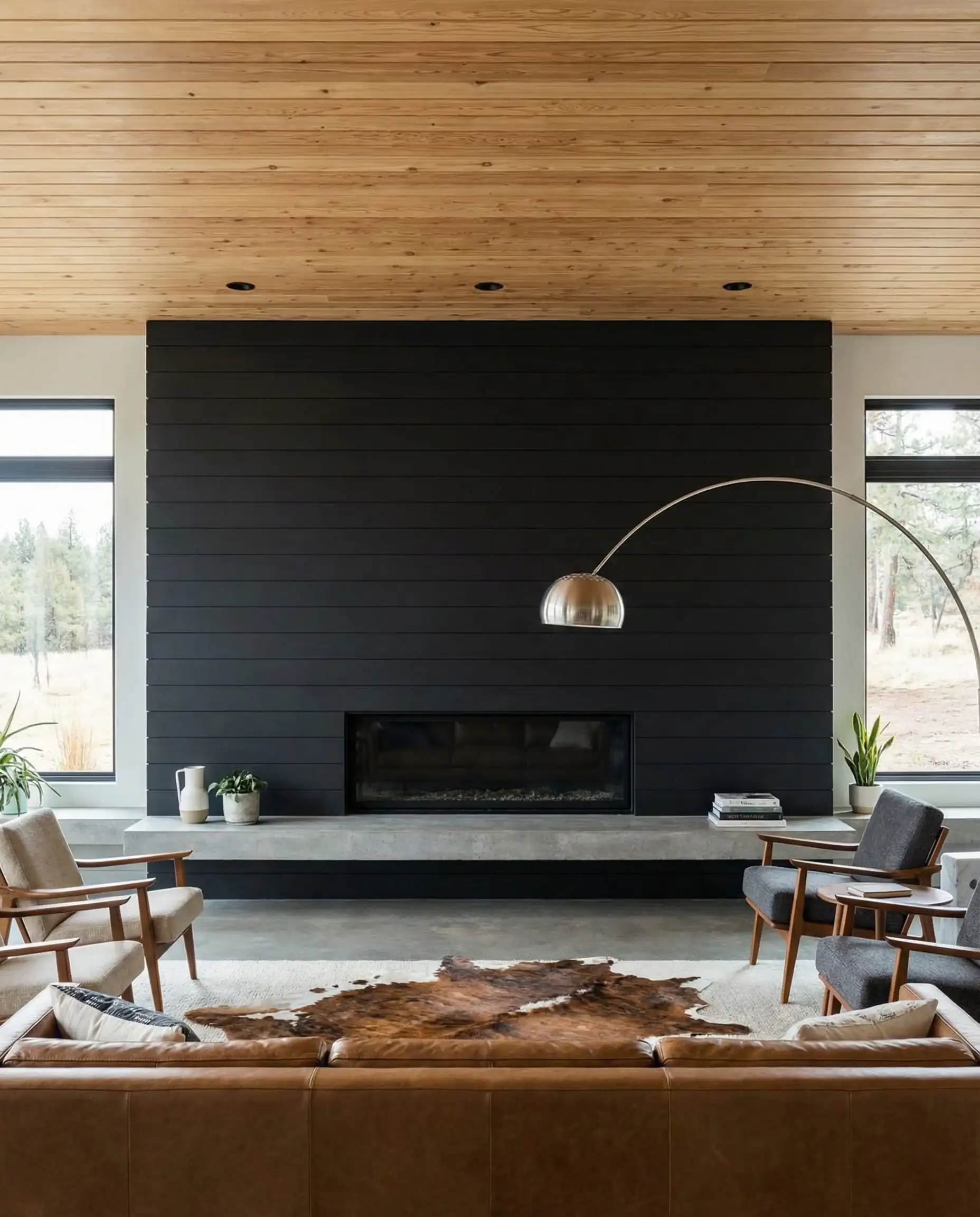 Open concept ranch home living room with a wide horizontal black shiplap fireplace wall and concrete hearth.