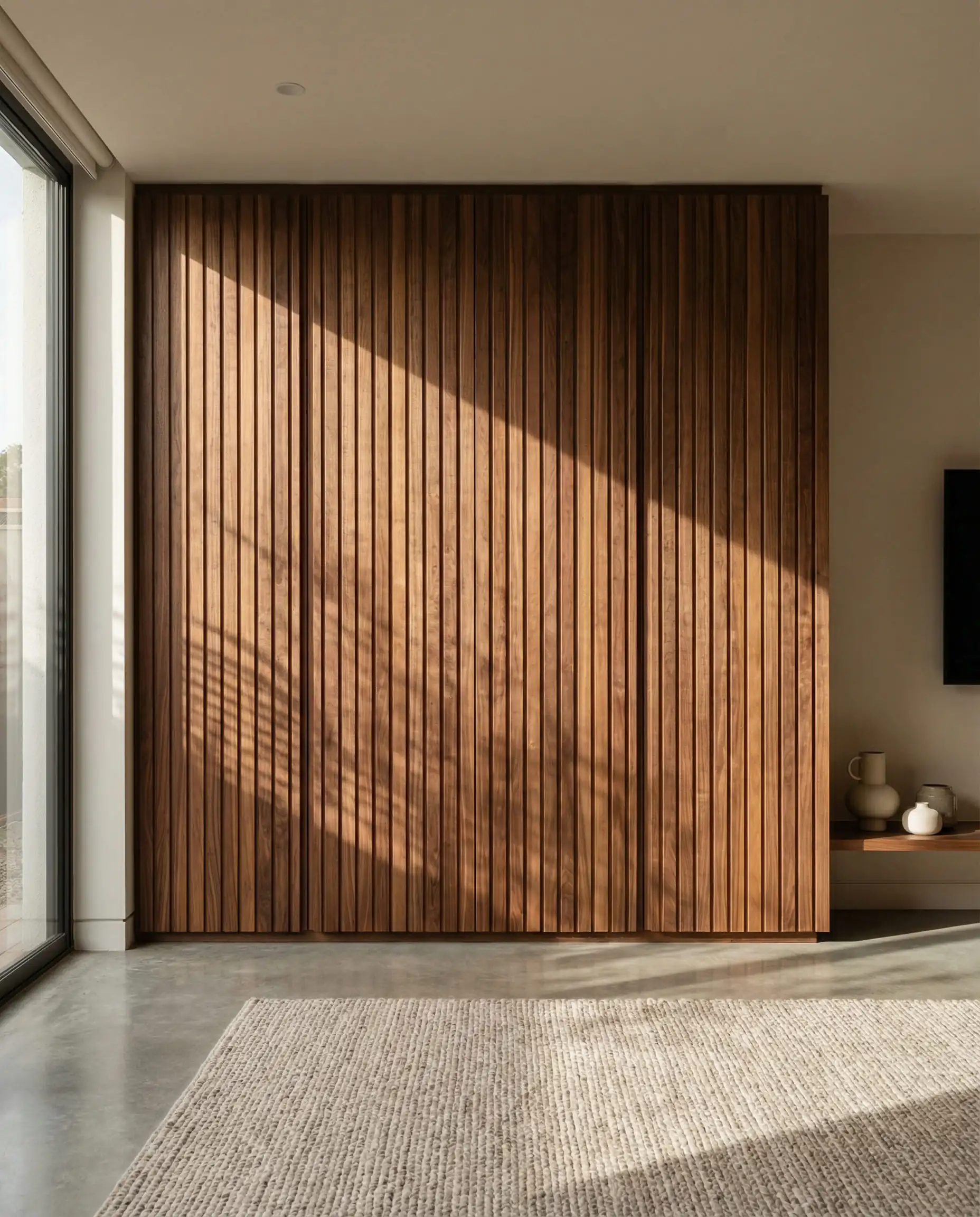 Detail of modern walnut wood vertical slat storage unit with push-to-open doors in a minimalist living room.