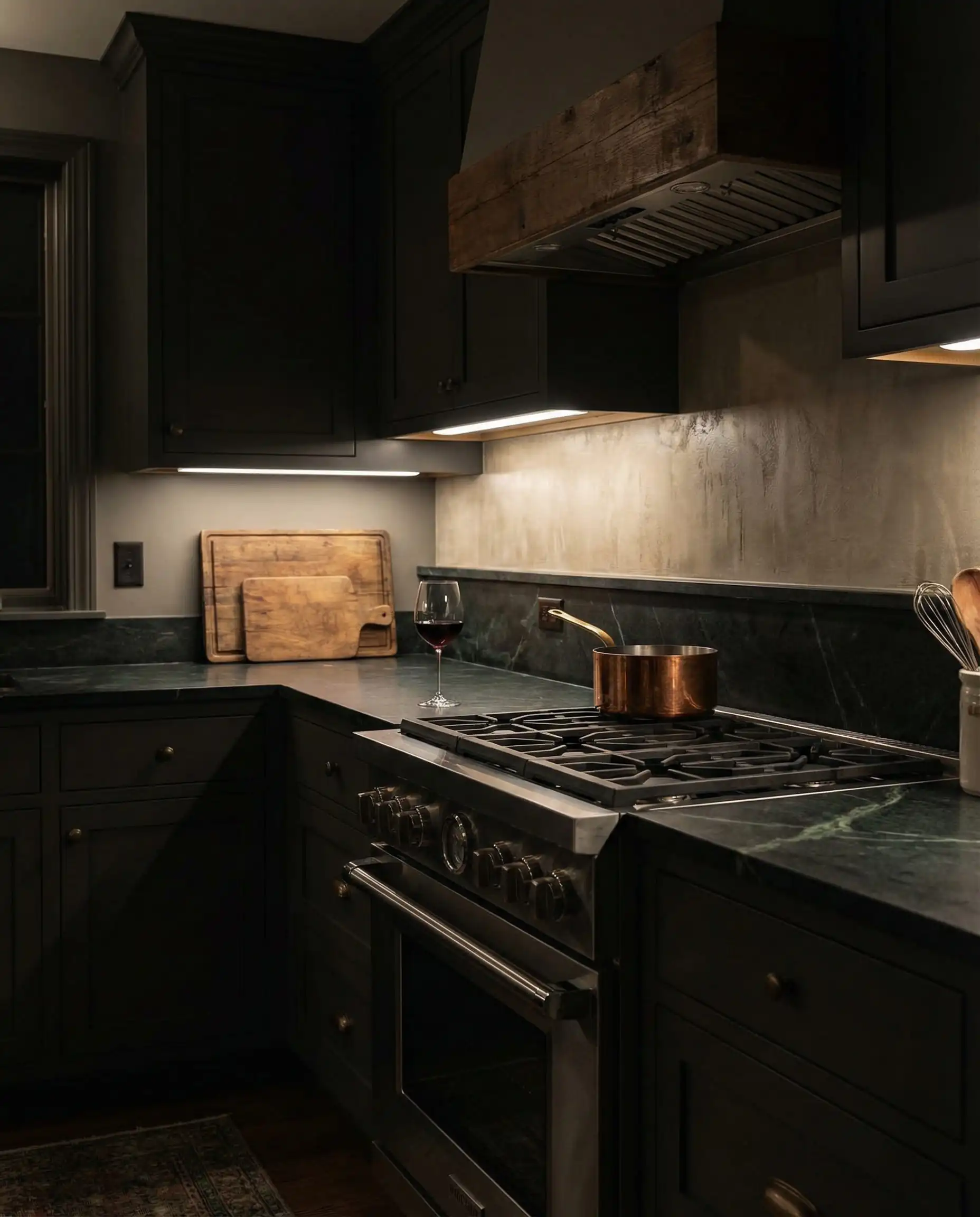 Intimate evening kitchen scene with dark gray cabinets and deep greige walls (Revere Pewter) under warm ambient lighting.