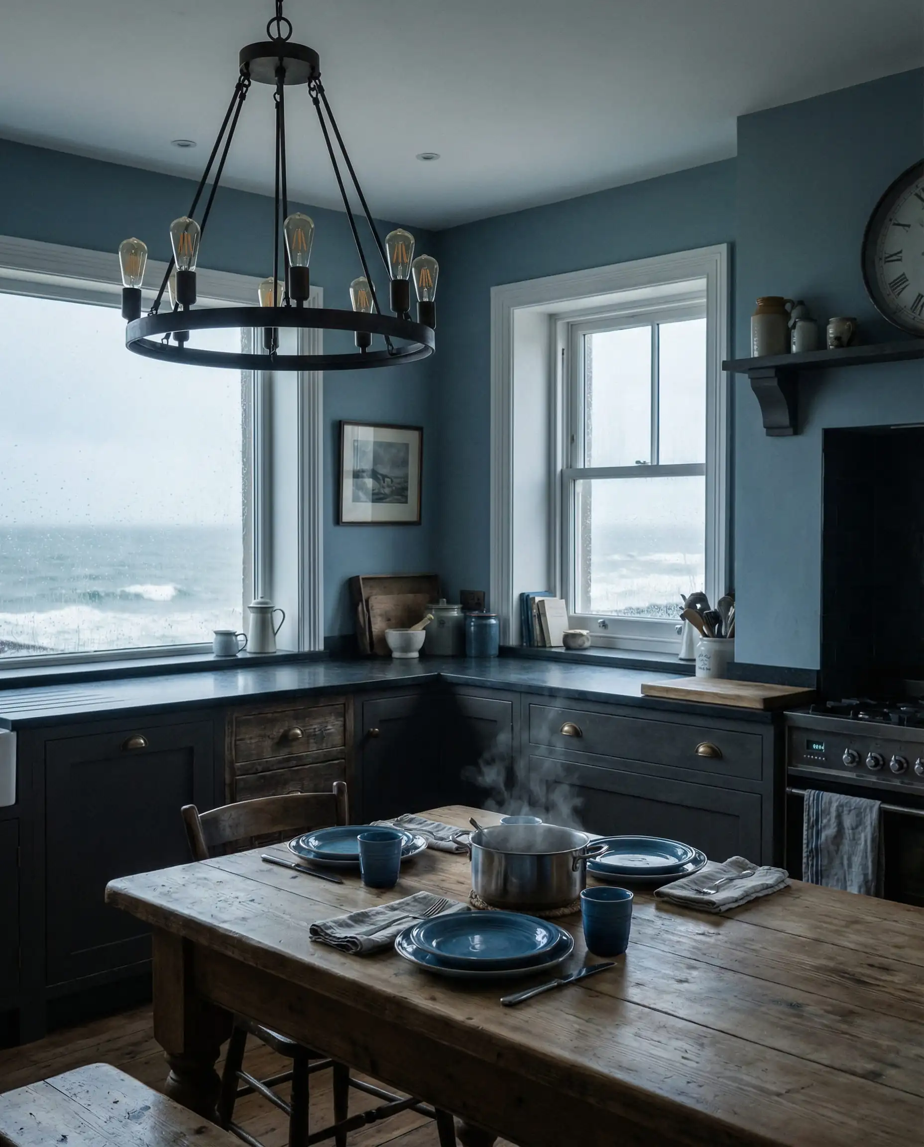 Stormy coastal kitchen with dark charcoal lower cabinets and moody dusty blue upper walls.