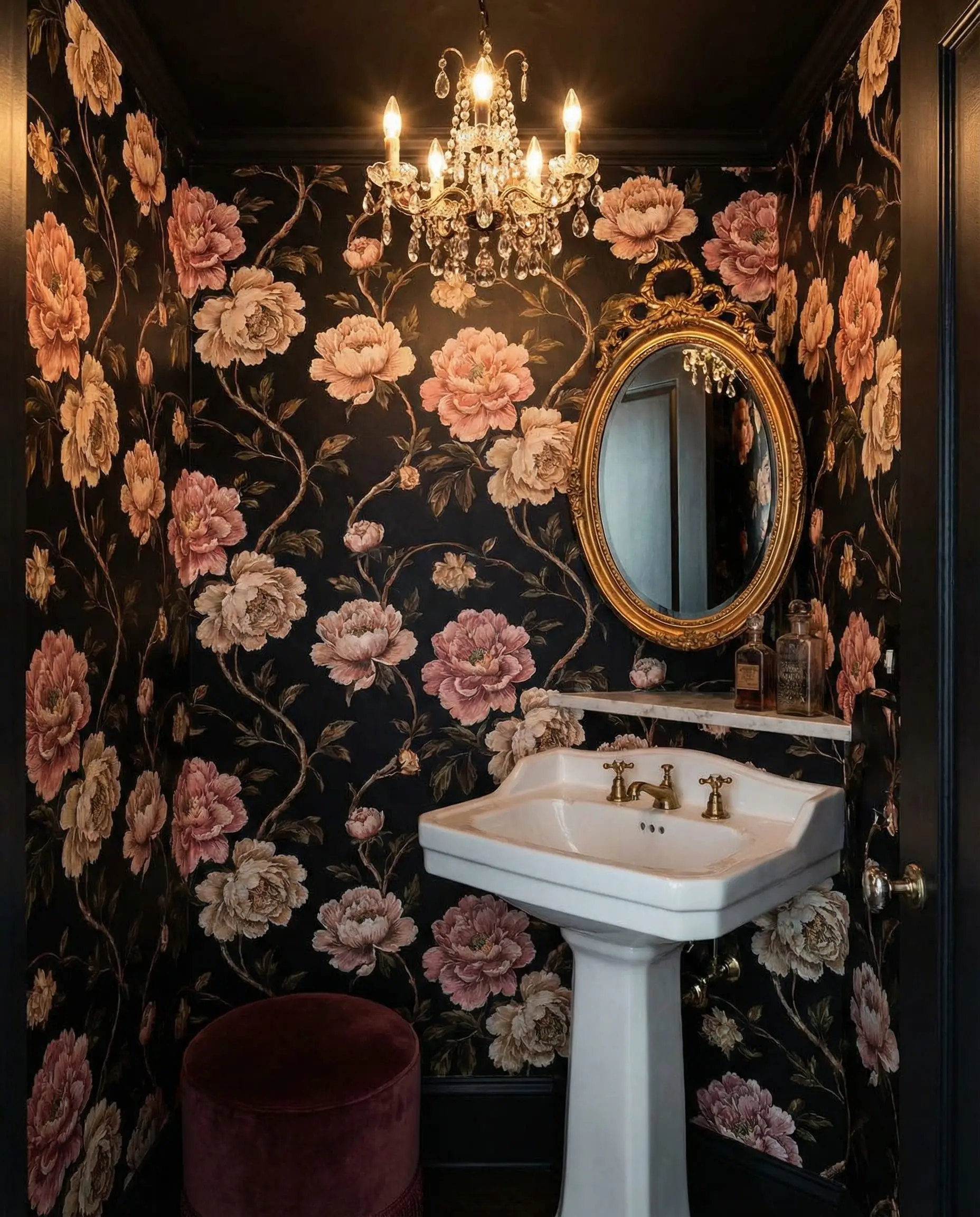 Small powder room wrapped in dark moody floral wallpaper with a vintage pedestal sink.