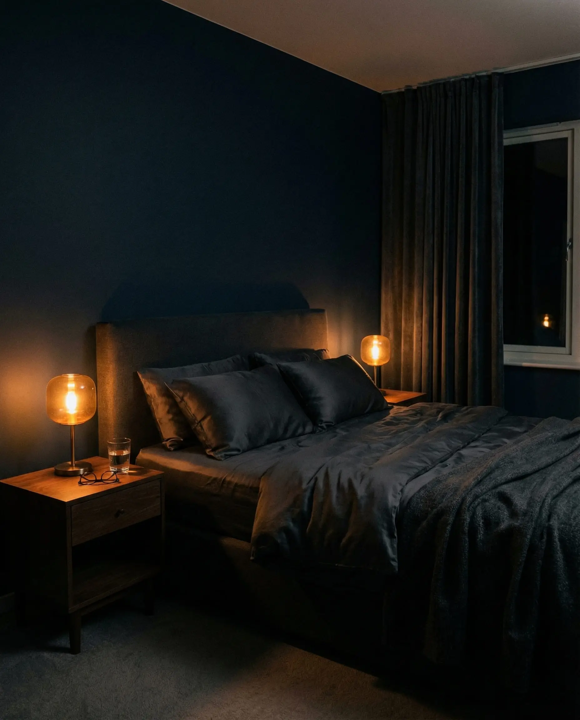 Dark midnight blue bedroom illuminated solely by warm amber bedside lamps for a cocoon effect.