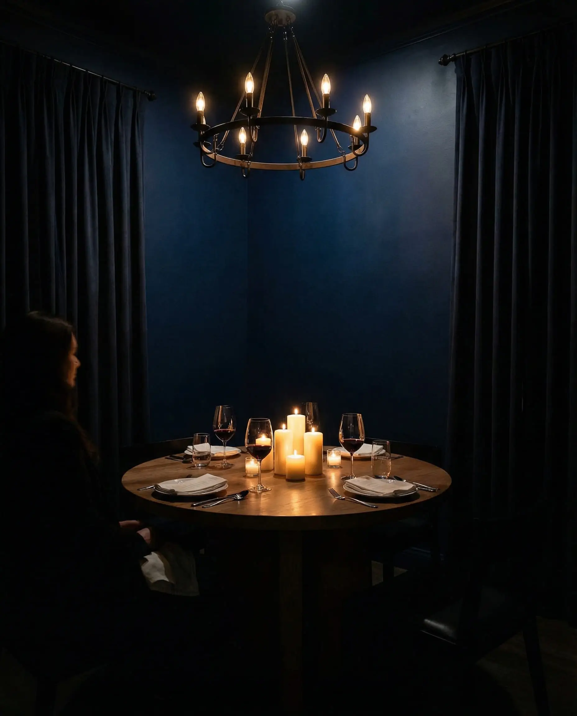 Formal dining room painted in dark navy blue for an intimate atmosphere.