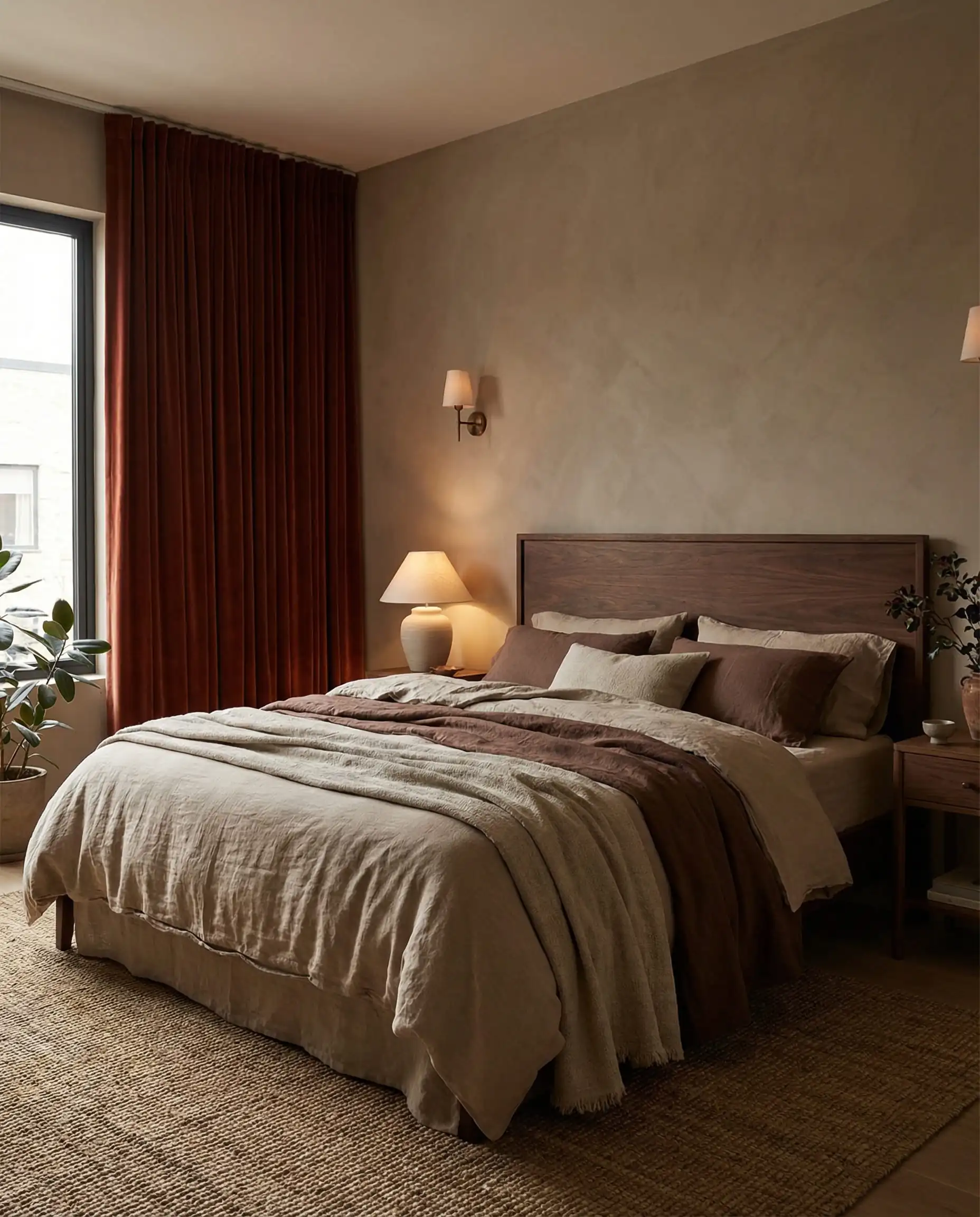 Bedroom with mushroom taupe walls and deep rust red velvet curtains.