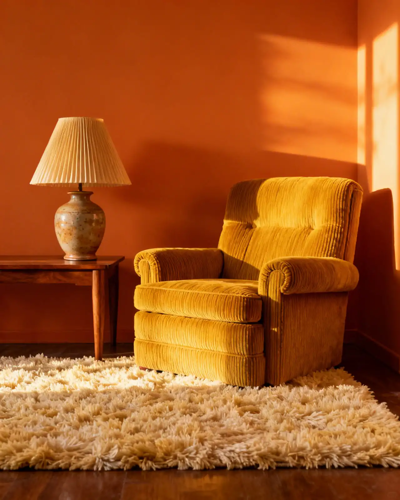 70s-inspired reading corner with a corduroy mustard yellow armchair, shag rug, and warm orange walls.