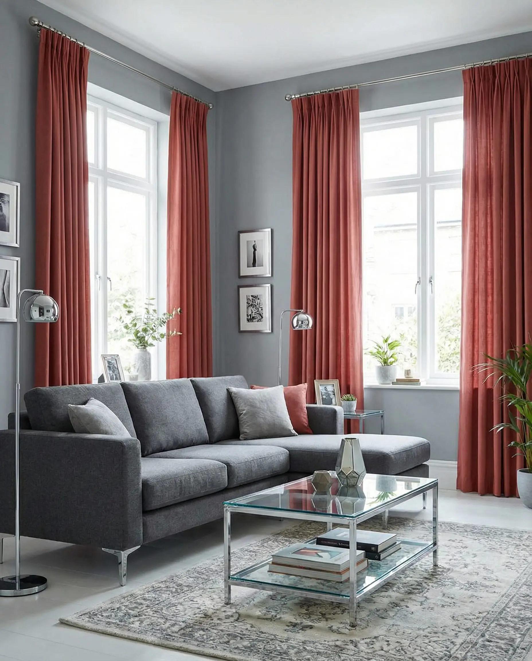 Contemporary light grey living room with matte brick red curtains and modern furniture.