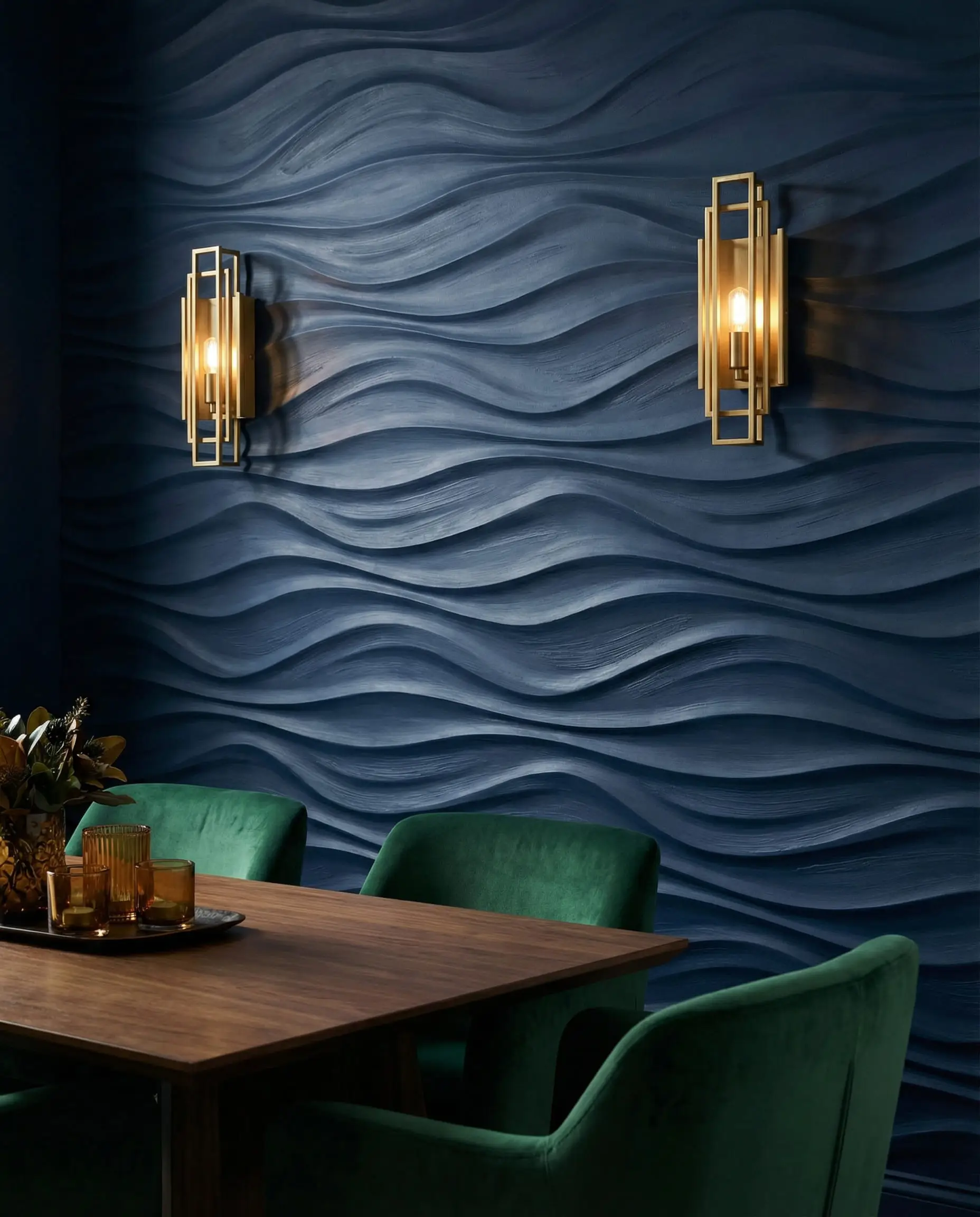 Opulent dining room with 3D wave-patterned wall panels painted in deep matte navy blue, featuring gold sconces.