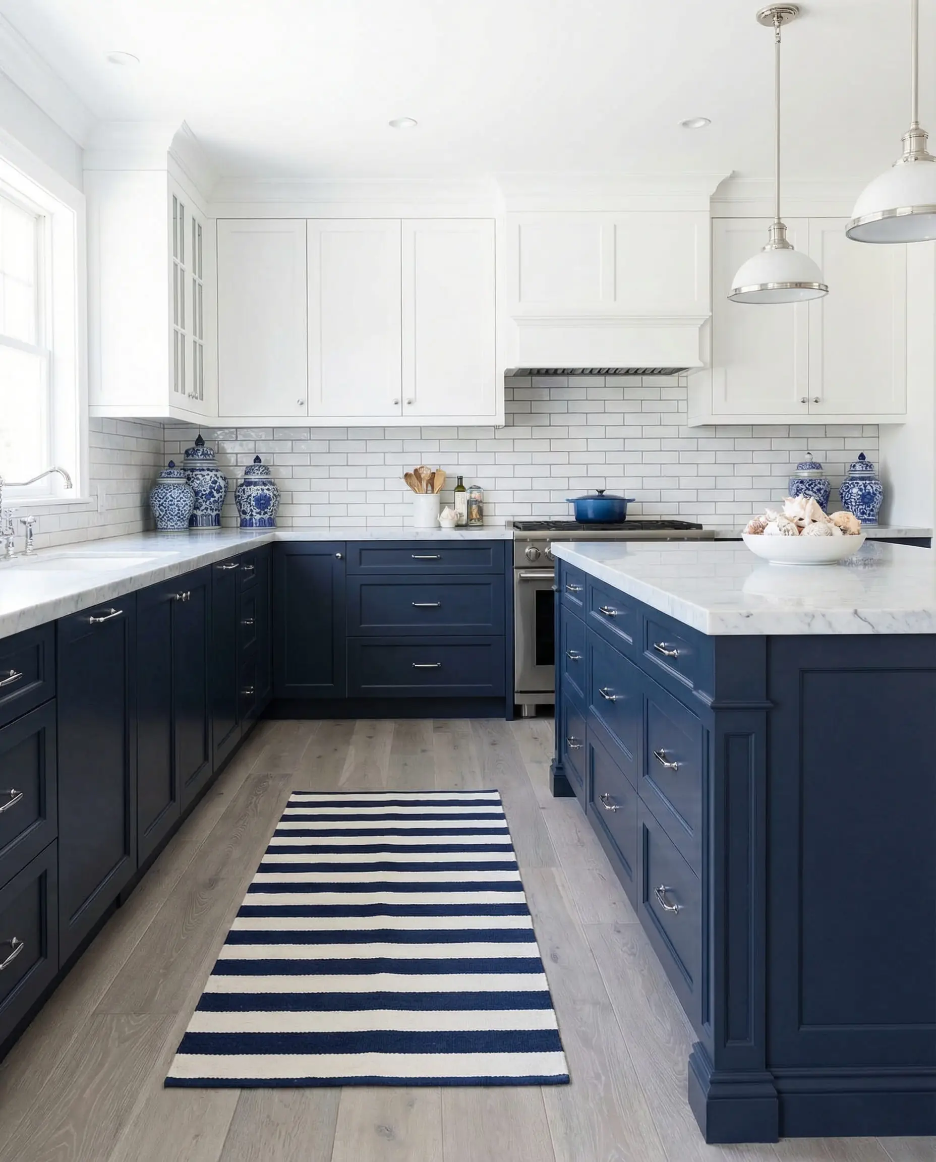 Classic nautical kitchen with Hale Navy lower cabinets and light gray driftwood-style flooring.