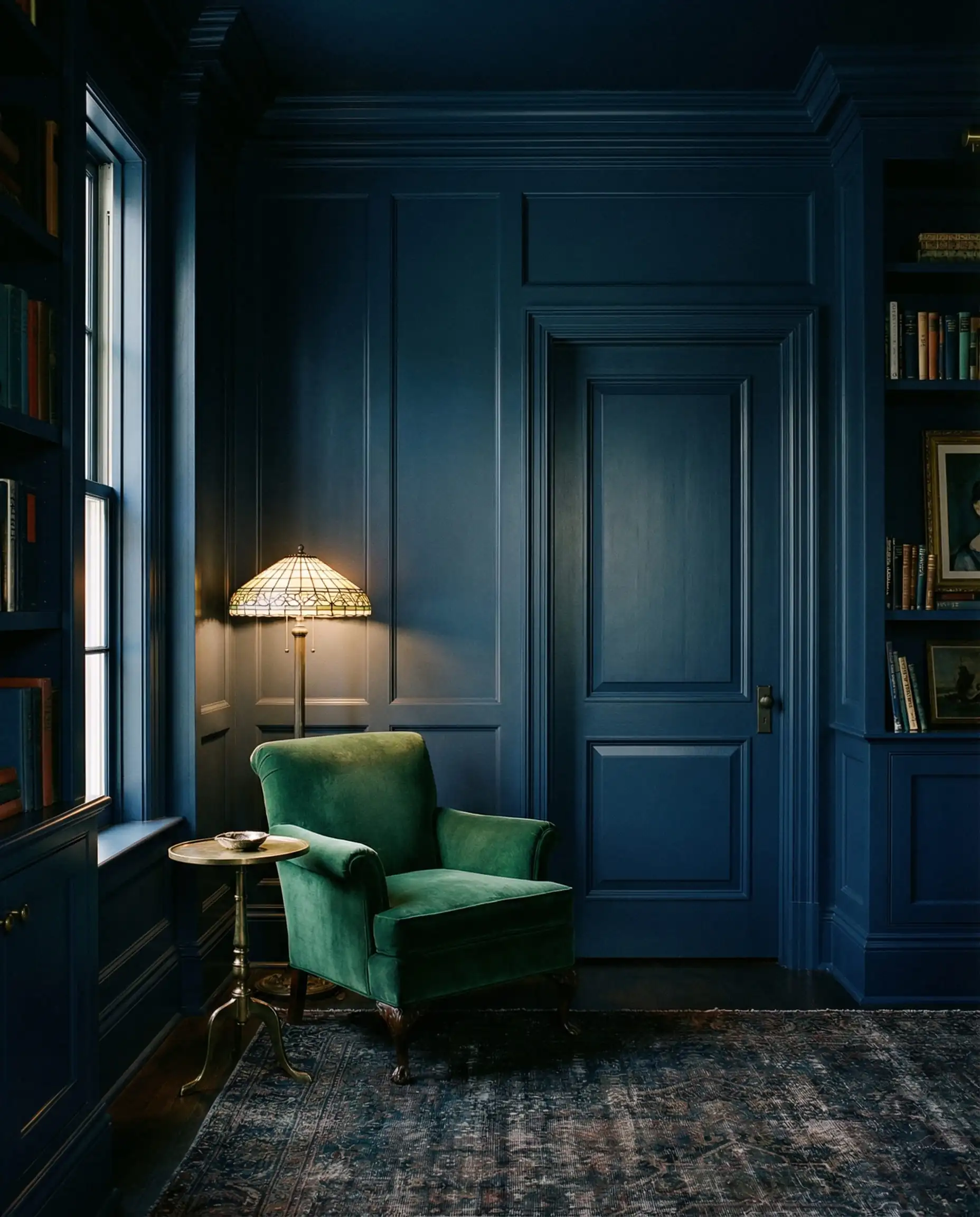 Moody library with walls, trim, and board and batten painted in uniform navy blue.