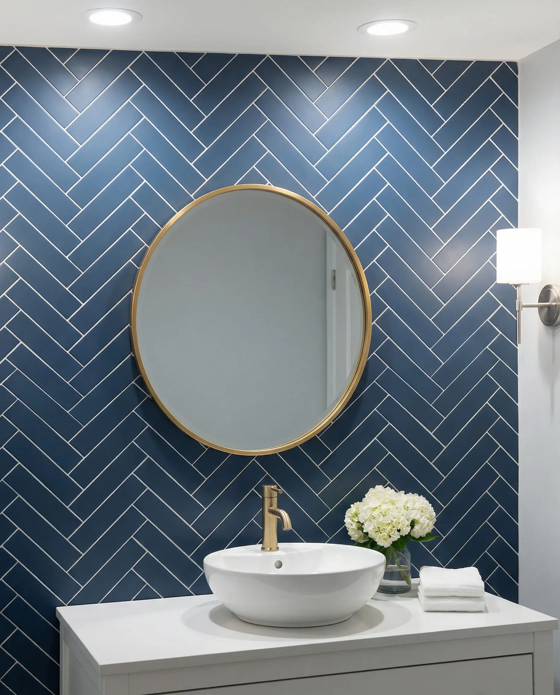 Classic bathroom accent wall with matte navy blue tiles laid in a herringbone pattern with white grout.